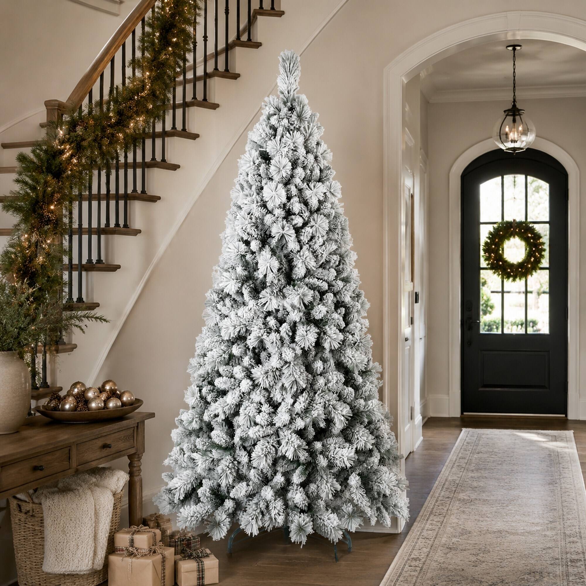 Alt View 1. RYHNUYNE - 9FT Flocked Christmas Tree, 1964 Snowy PVC Hard Needle Branches Hinged Design Easy Setup Stable Metal Stand - Green,White.