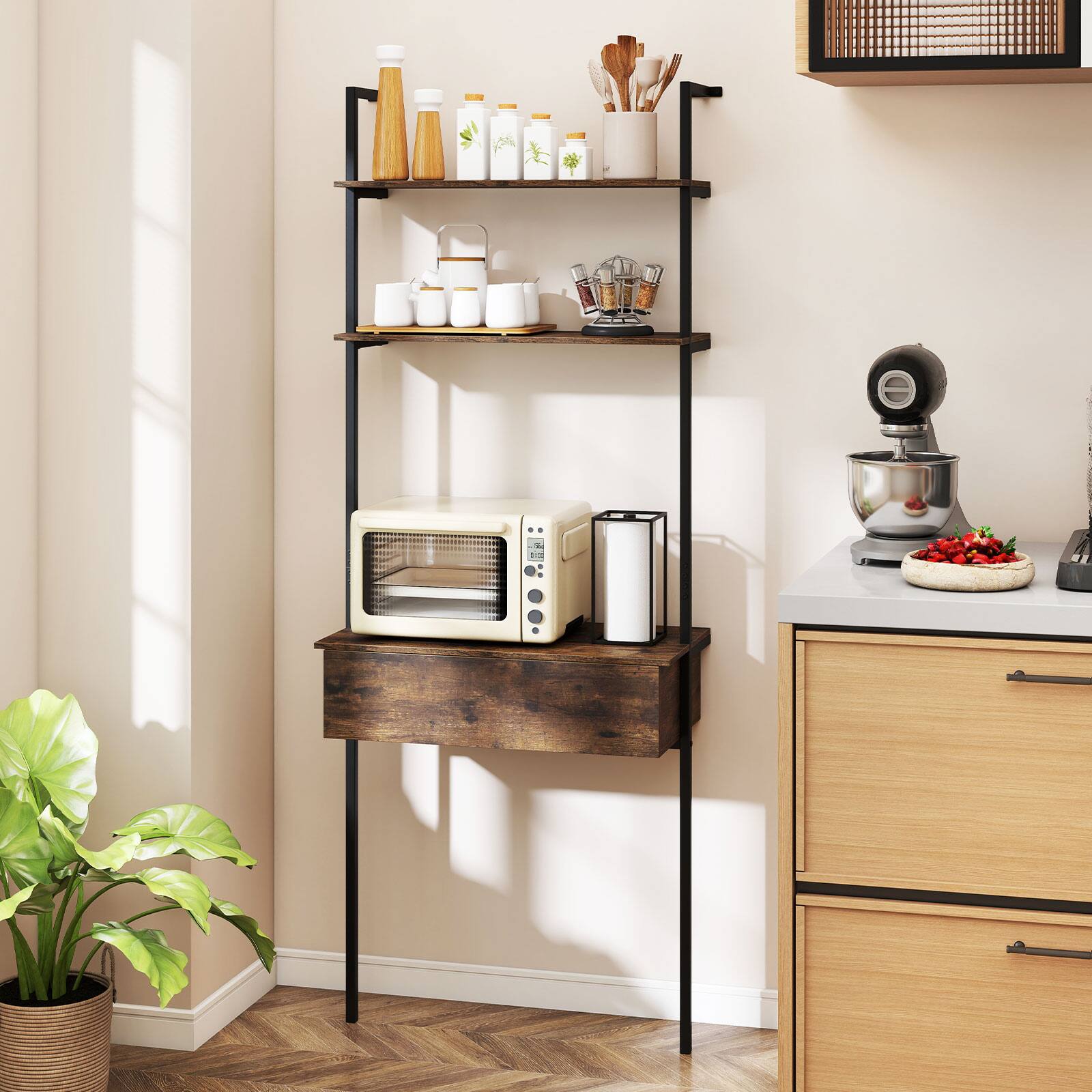 Alt View 3. Costway - Costway 1 PCS 3-Tier Ladder Bookshelf with Roomy Drawer & Sturdy Metal Frame, 2 Anti-Tipping Kits - Rustic Brown + Black.