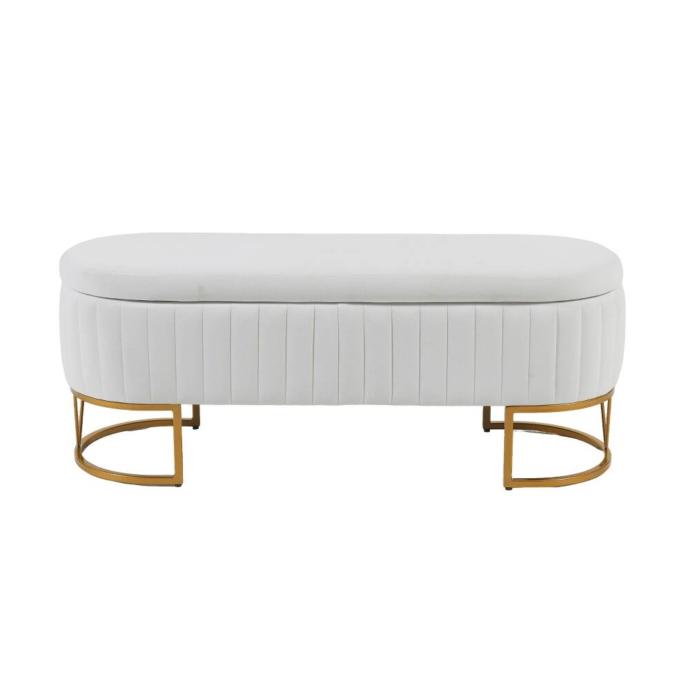 Alt View 10. Ropilly - Ivory Velvet Storage Bench, Oval End of Bed Ottoman with Gold Legs, Entryway Bench, Three Hundred Pounds Capacity - Ivory.