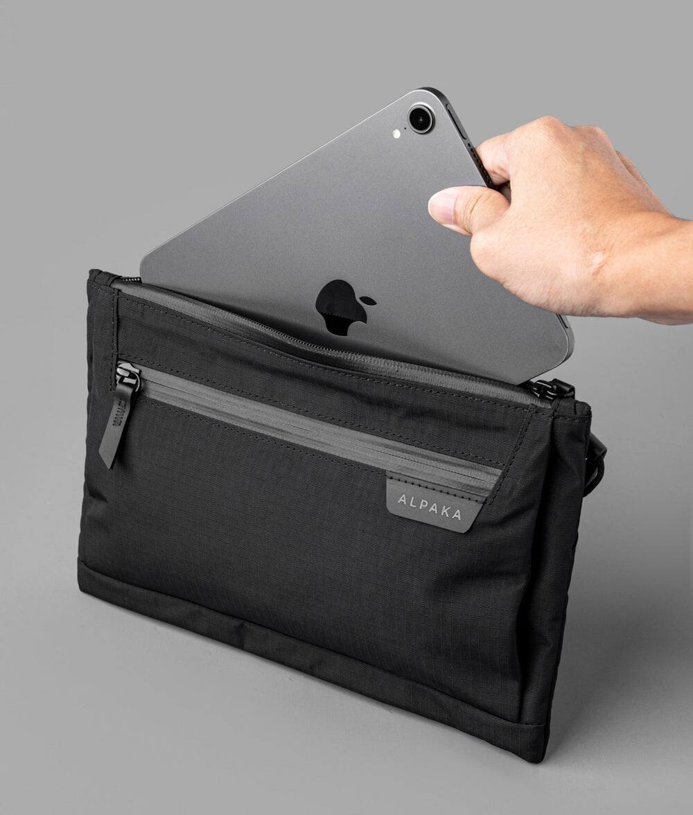 Back. ALPAKA - 2L Crossbody Tech Organizer Bag for iPad Mini, Zip Pouch Max V2 Travel Sling Bag with Expandable Storage - Black Axoflux 210D.