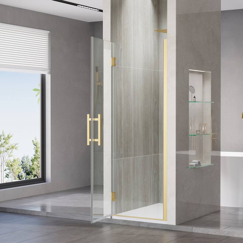 Angle. WELLFOR - 26–27 in. W x 72 in. H Frameless Hinged Shower Door with 3/8" Clear Tempered Glass, Reversible Opening - Brushed Gold.