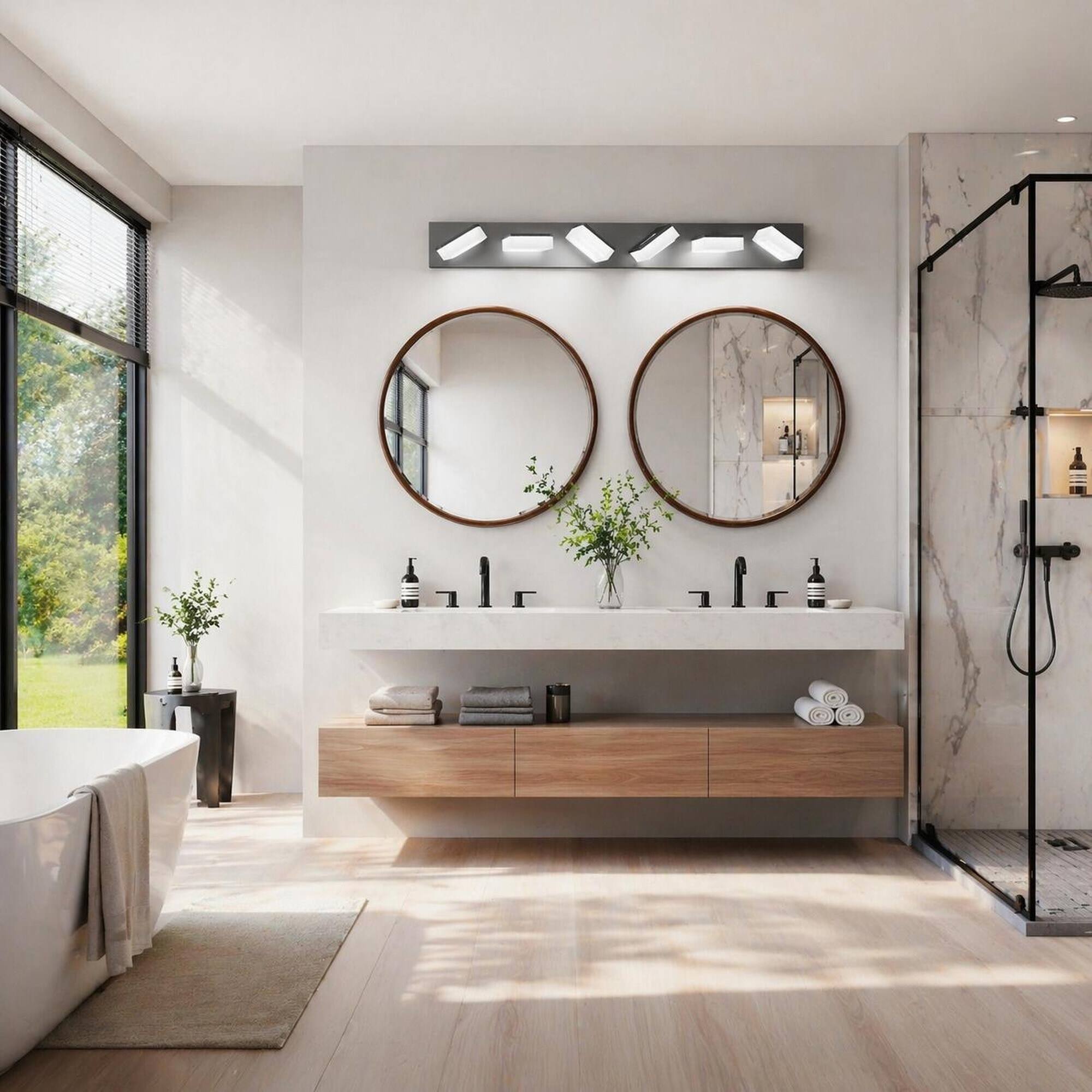 Angle. RYHNUYNE - Modern LED Bathroom Vanity Light Fixture 6‑Light Black Acrylic Wall Sconce,Bathroom Wall Lighting Over Mirror for Bath - Black.