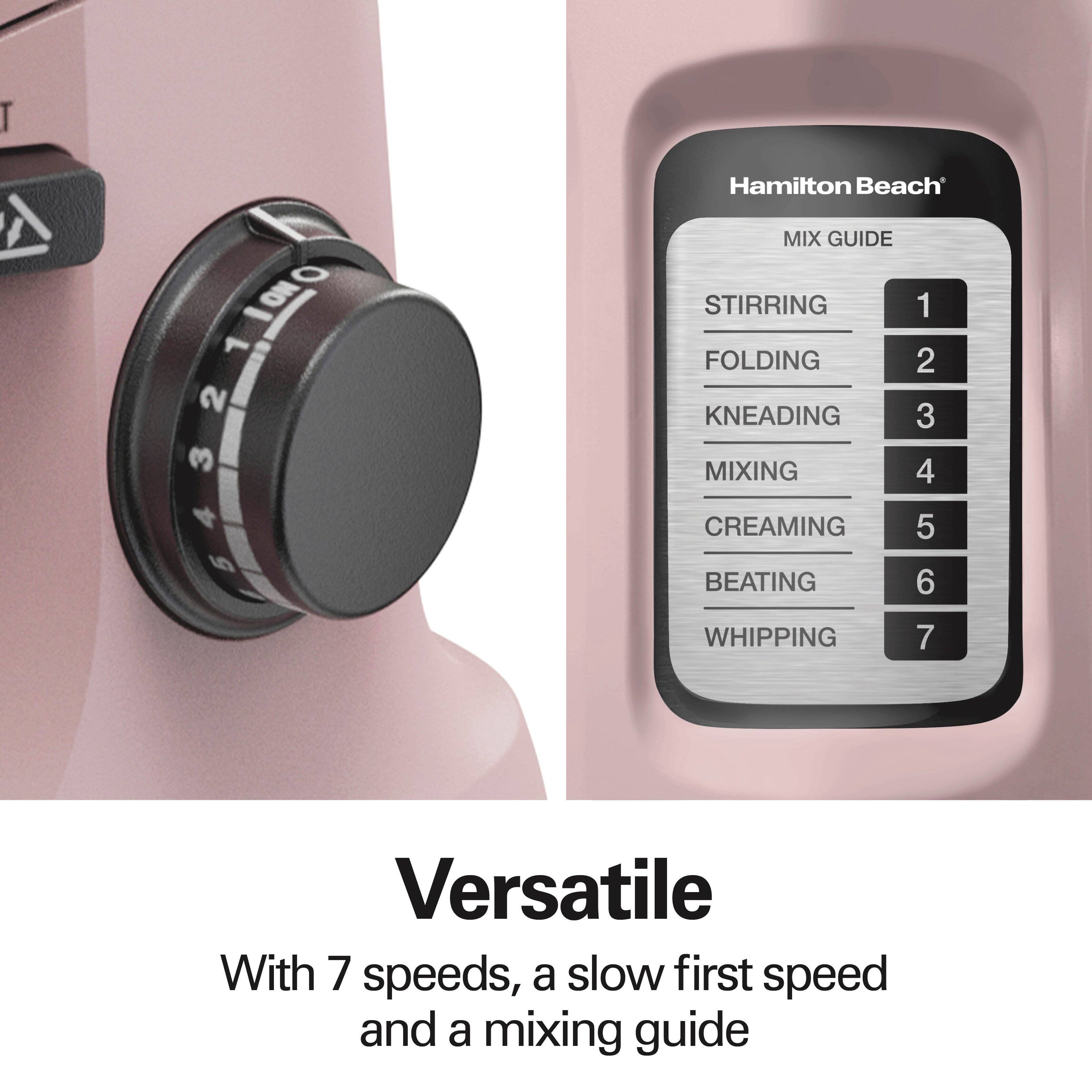 Hamilton Beach MIX GUIDE

1. STIRRING
2. FOLDING
3. KNEADING
4. MIXING
5. CREAMING
6. BEATING
7. WHIPPING

Versatile

With 7 speeds, a slow first speed and a mixing guide