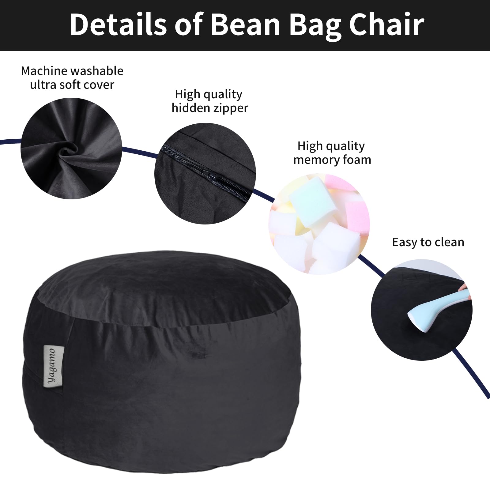 Details of Bean Bag Chair

- Machine washable ultra soft cover
- High quality hidden zipper
- High quality memory foam
- Easy to clean