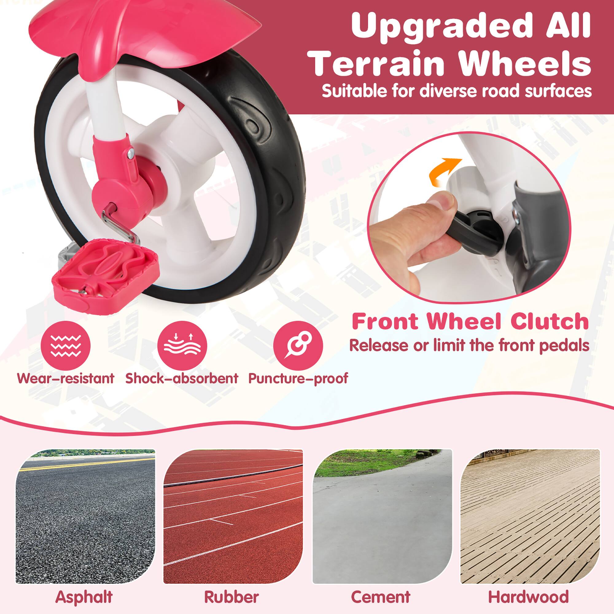 Upgraded All Terrain Wheels  
Suitable for diverse road surfaces  

Front Wheel Clutch  
Release or limit the front pedals  

Wear-resistant  
Shock-absorbent  
Puncture-proof  

Asphalt  
Rubber  
Cement  
Hardwood