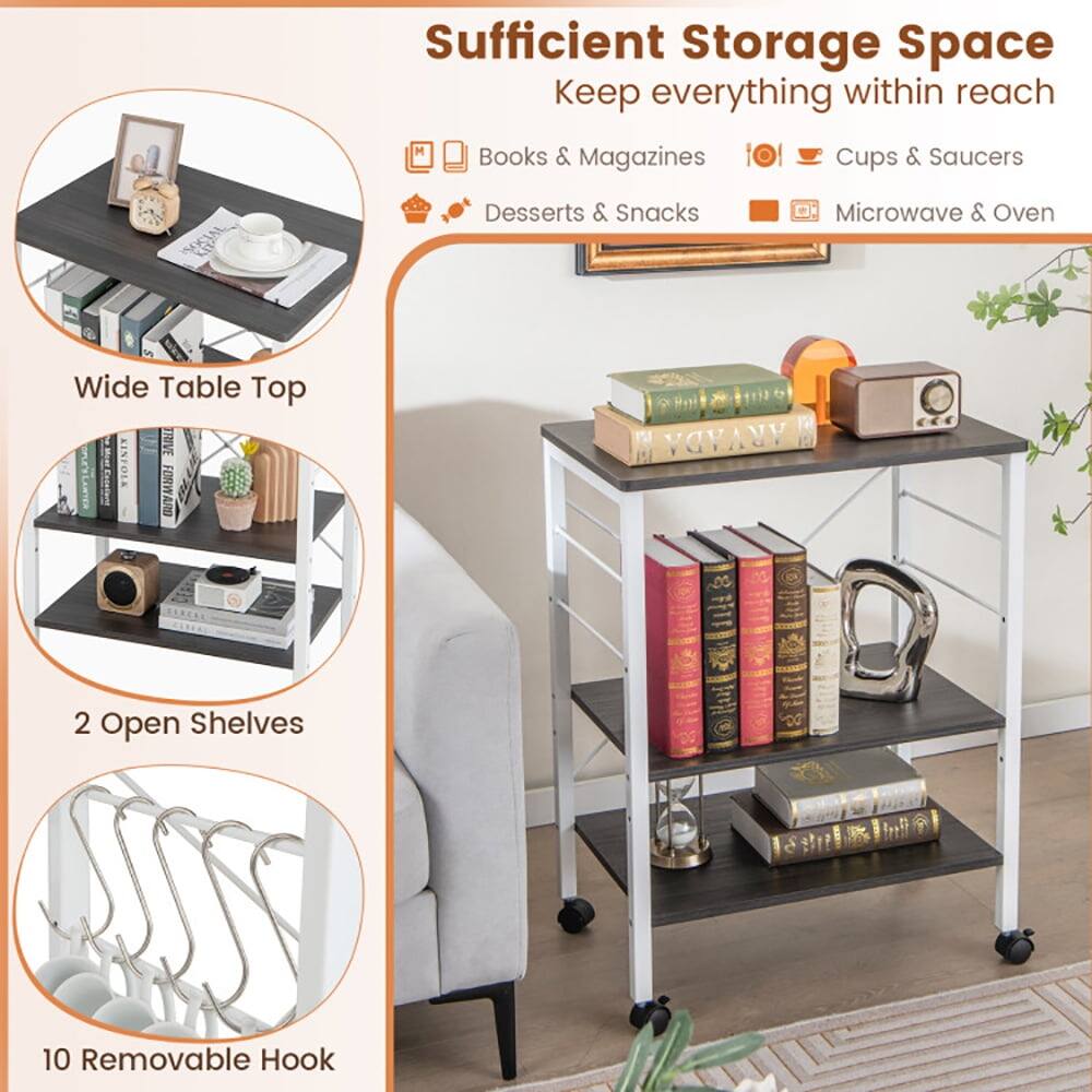 Sufficient Storage Space  
Keep everything within reach  
Books & Magazines  
Cups & Saucers  
Desserts & Snacks  
Microwave & Oven  

Wide Table Top  
2 Open Shelves  
10 Removable Hook