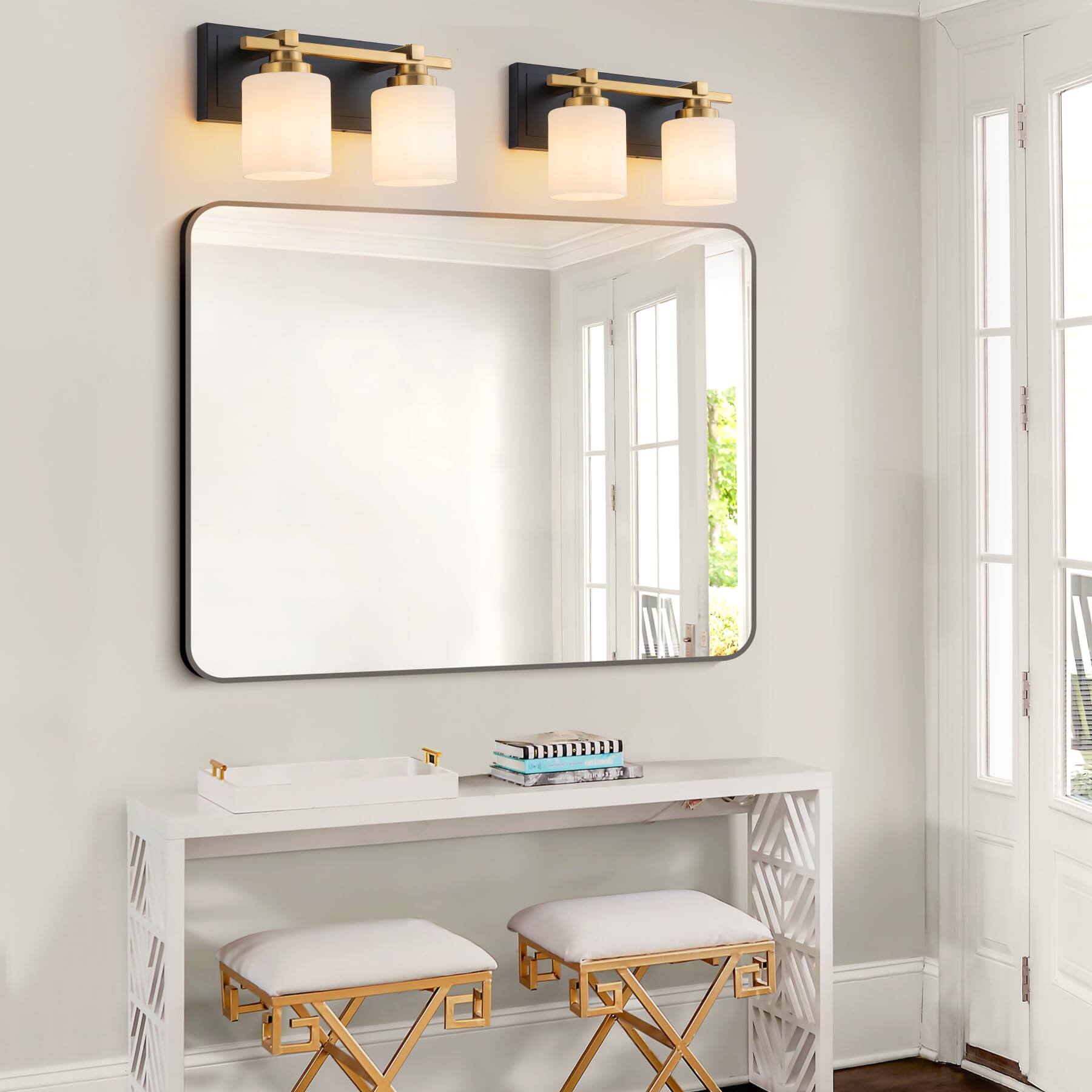 Left. Earthley Blooms - 2 Light Modern Bathroom Fixtures Over Mirror Vanity Lights For Wall Sconces With Milky Glass Shades E26 S... - Black-2-Lights.