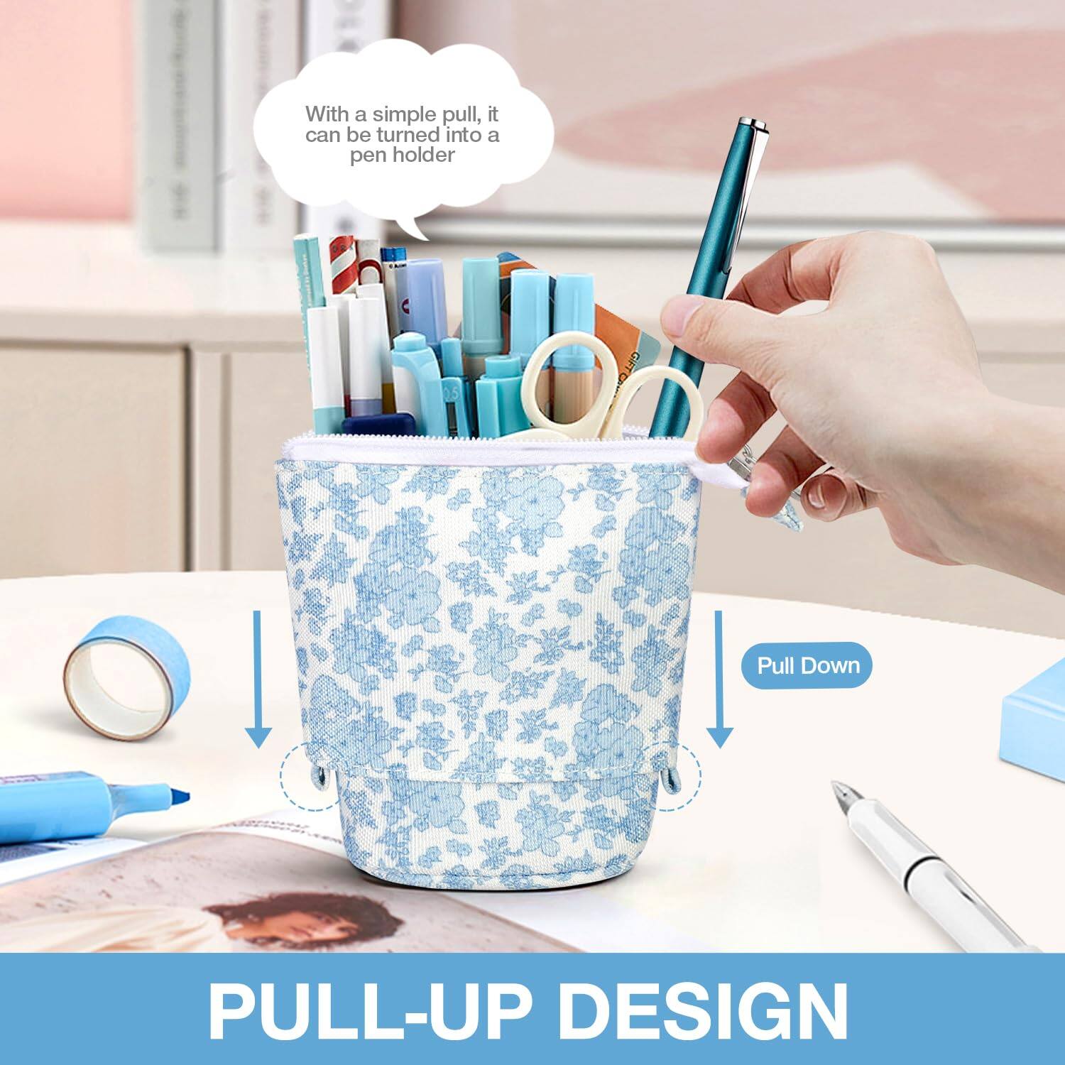 With a simple pull, it can be turned into a pen holder

PULL-UP DESIGN

Pull Down