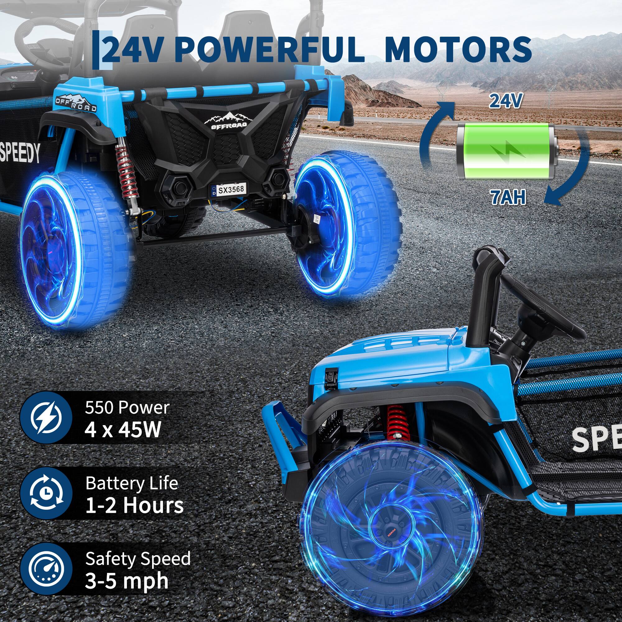 24V POWERFUL MOTORS

- 24V
- 7AH

550 Power
4 x 45W

Battery Life
1-2 Hours

Safety Speed
3-5 mph