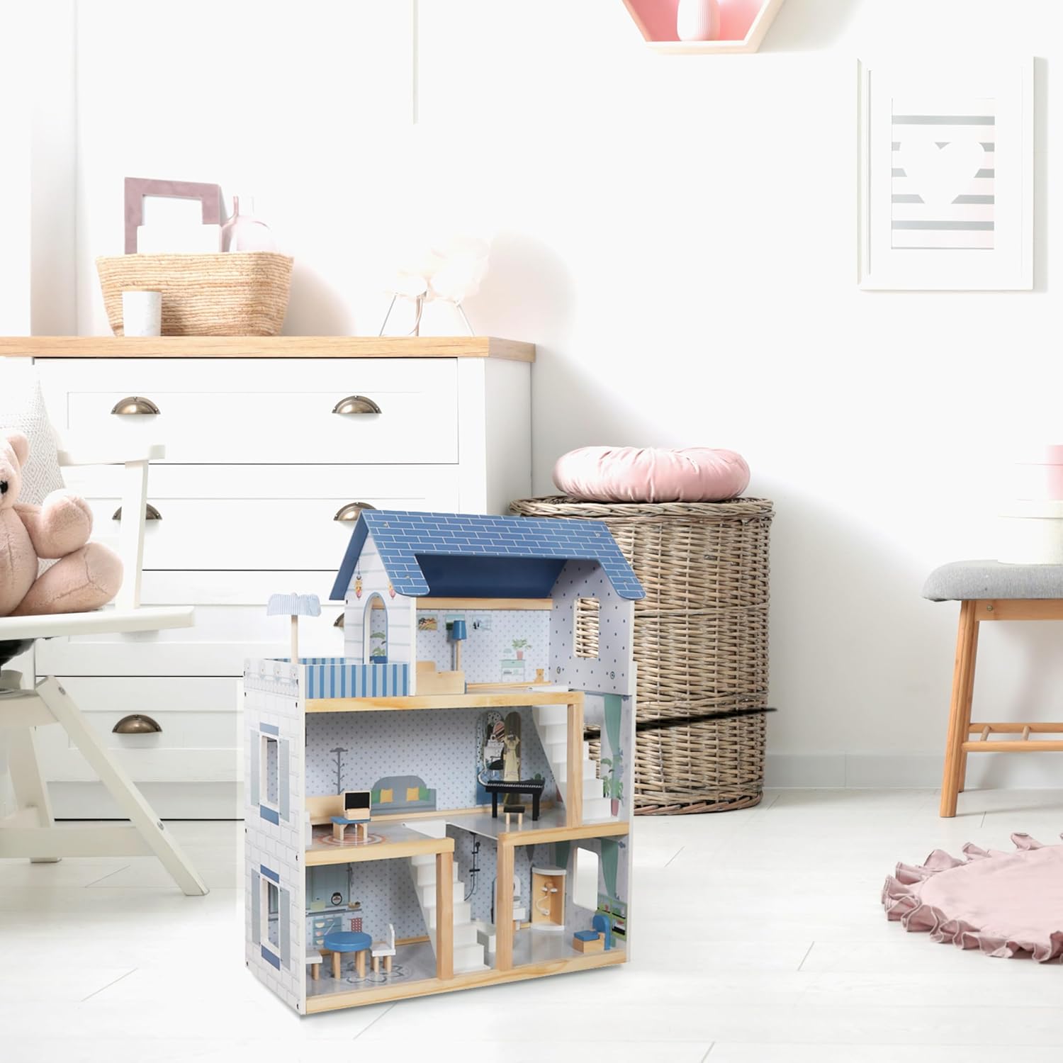 Alt View 5. Lil' Jumbl - Kids Wooden Dollhouse, 3 Story Small Doll House with Stairs, Accessories & Furniture - Blue.