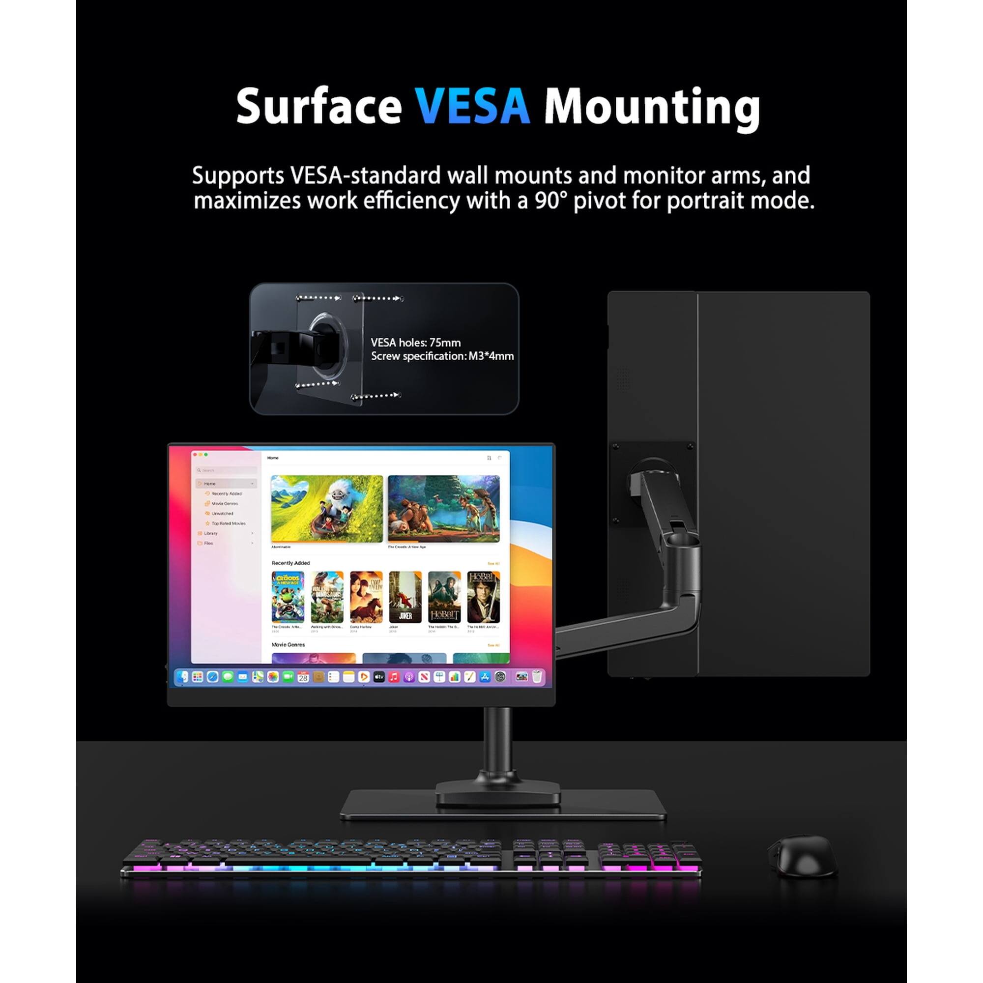 Surface VESA Mounting  
Supports VESA-standard wall mounts and monitor arms, and maximizes work efficiency with a 90° pivot for portrait mode.  
VESA holes: 75mm  
Screw specification: M3*4mm