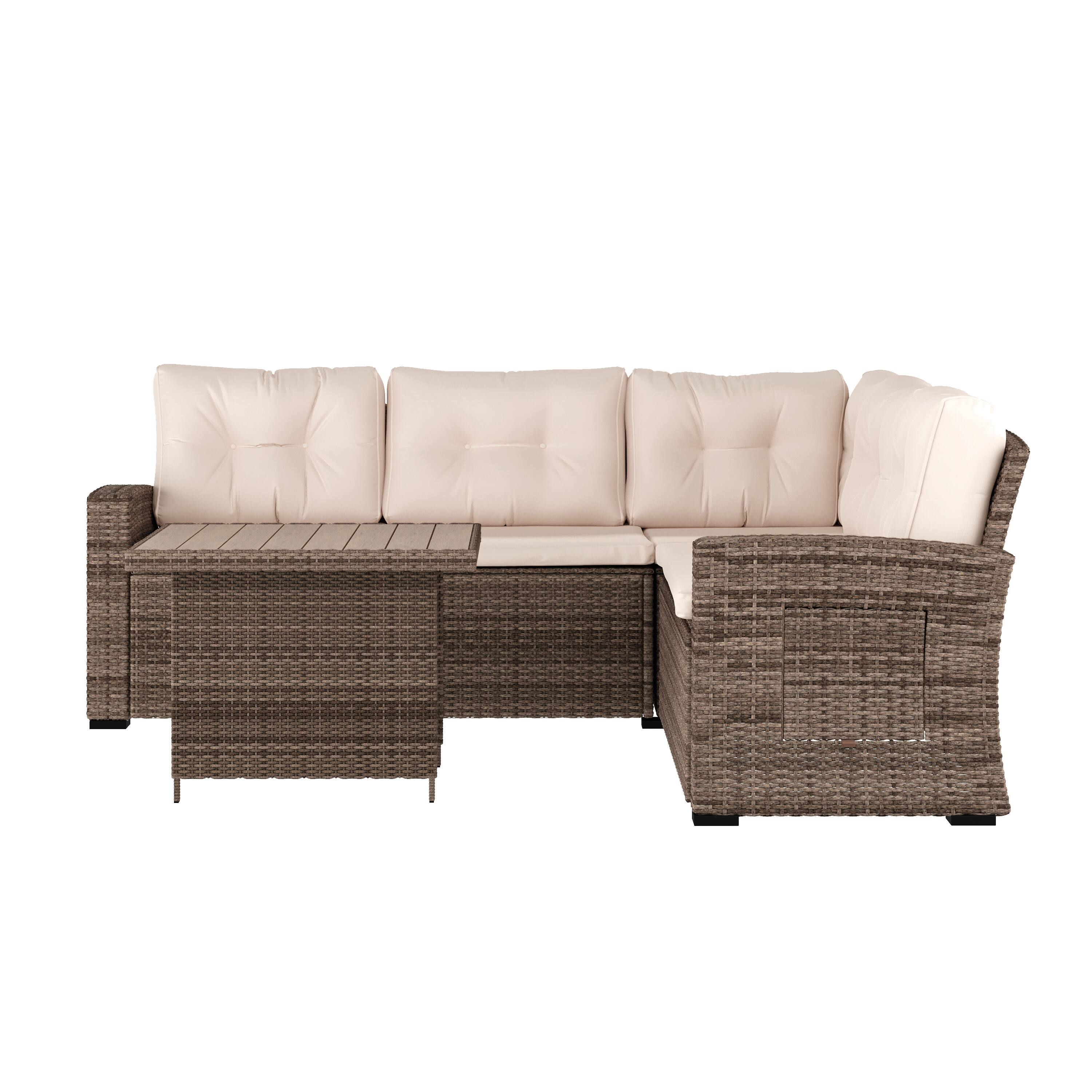 Angle. Flash Furniture - Huck Indoor/Outdoor Wicker Rattan Conversation Set, L-Shaped Sofa with Dining Table, Weather Resistant Cushions, Beige a - Brown.