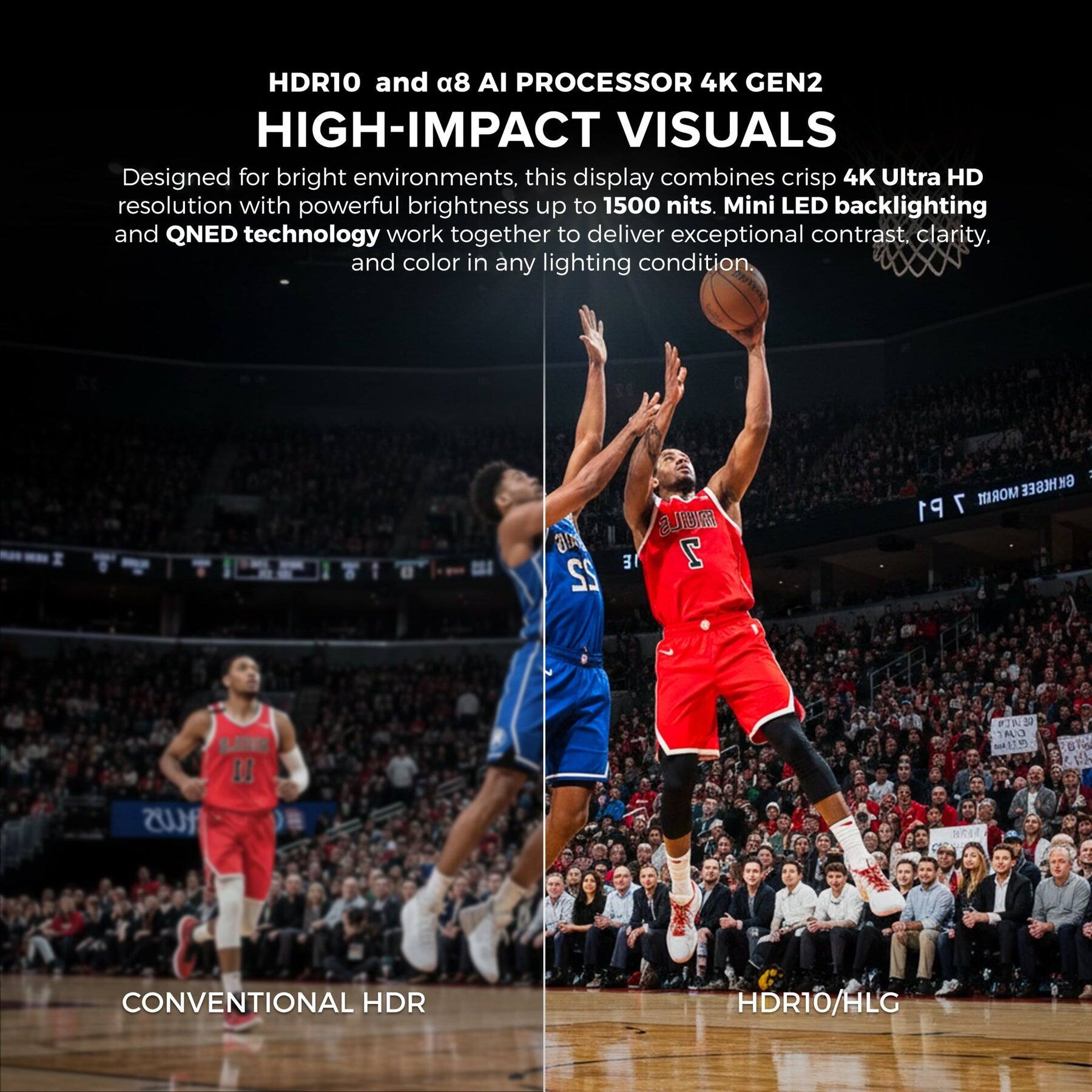 HDR10 and a8 AI Processor 4K Gen2 High-Impact Visuals

Designed for bright environments, this display combines crisp 4K Ultra HD resolution with powerful brightness up to 1500 nits. Mini LED backlighting and QNED technology work together to deliver exceptional contrast, clarity, and color in any lighting condition.

Conventional HDR

HDR10/HLG