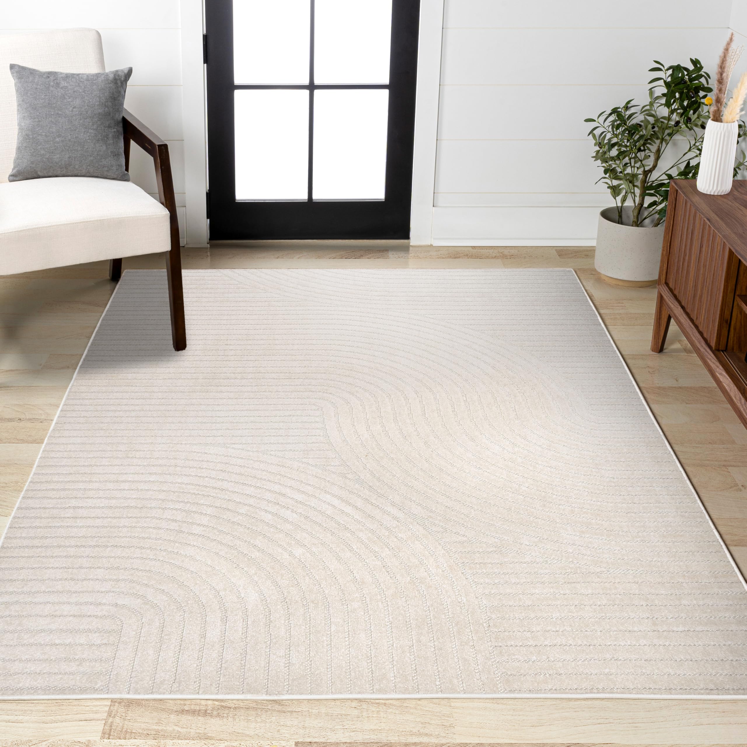 Back. PARKER SLATER - Hallie High Low Ivory Cream Indoor Outdoor Area Rug 8x10 Minimalist Pet Friendly Non Shedding Stain Resistant Hose Wa... - Gray/Ivory.