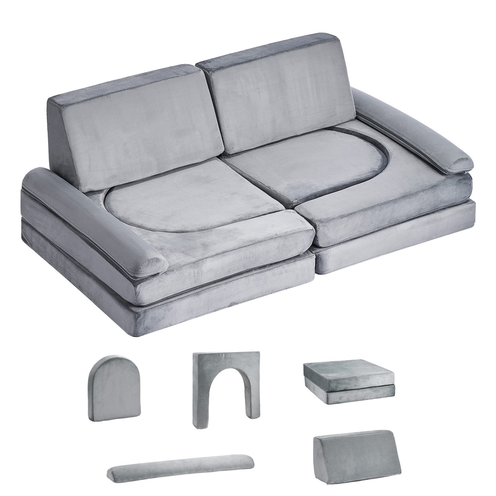 Siljoy - 10-Piece Kids Modular Play Couch, 28D Foam, Teddy Fleece, Armrests, Transformable, Machine Washable - Gray