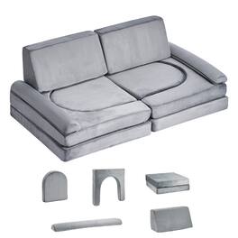 Siljoy - 10-Piece Kids Modular Play Couch, 28D Foam, Teddy Fleece, Armrests, Transformable, Machine Washable - Gray