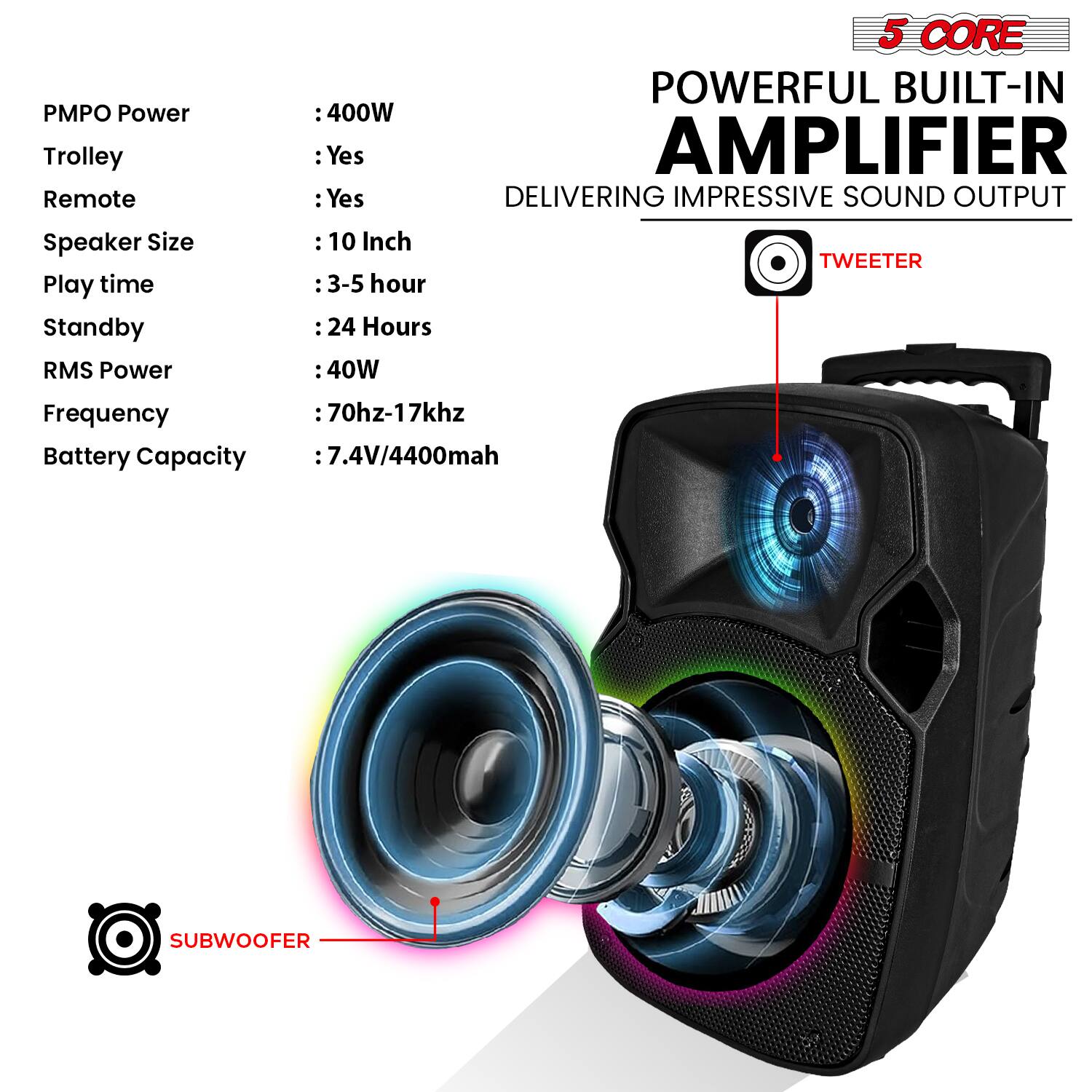 PMPO Power Trolley Remote: 400W : Yes : Yes  
5 CORE POWERFUL BUILT-IN AMPLIFIER DELIVERING IMPRESSIVE SOUND OUTPUT  
Speaker Size: 10 Inch  
Play time: 3-5 hour  
Standby: 24 Hours  
RMS Power: 40W  
Frequency: 70hz-17khz  
Battery Capacity: 7.4V/4400mah  
TWEETER  
SUBWOOFER