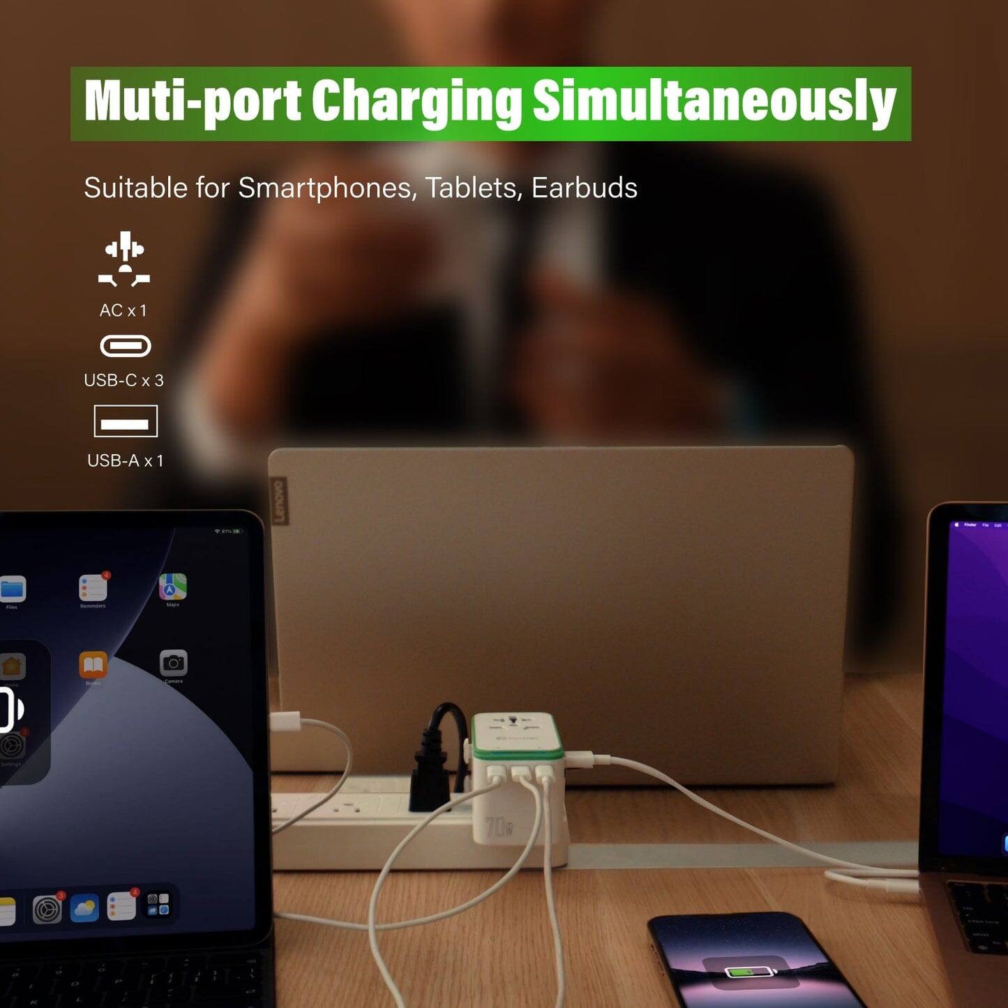Multi-port Charging Simultaneously  
Suitable for Smartphones, Tablets, Earbuds  

AC x 1  
USB-C x 3  
USB-A x 1