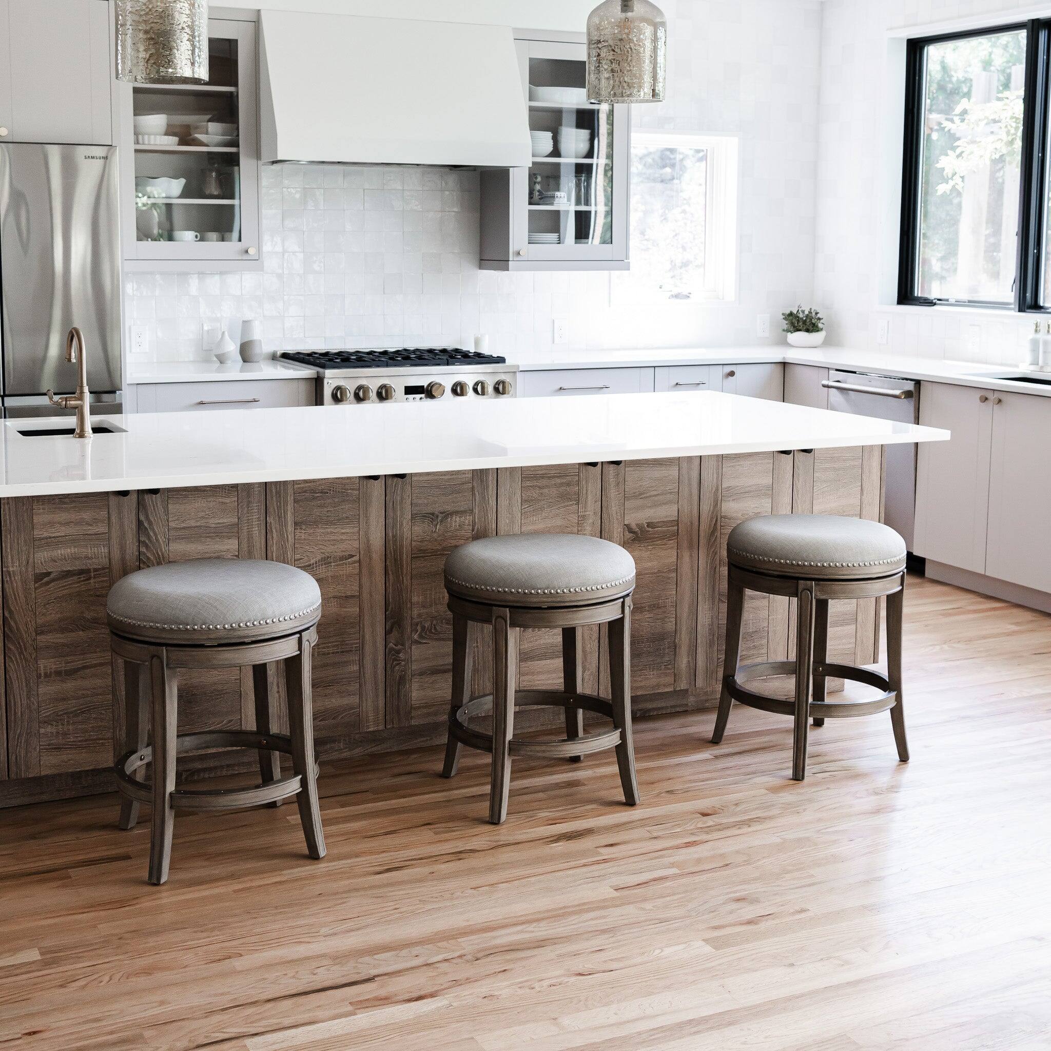 Alt View 2. Maven Lane - 26" Alexander Backless Counter Stool in Reclaimed Oak Finish with  Fabric Upholstery - Reclaimed Oak.