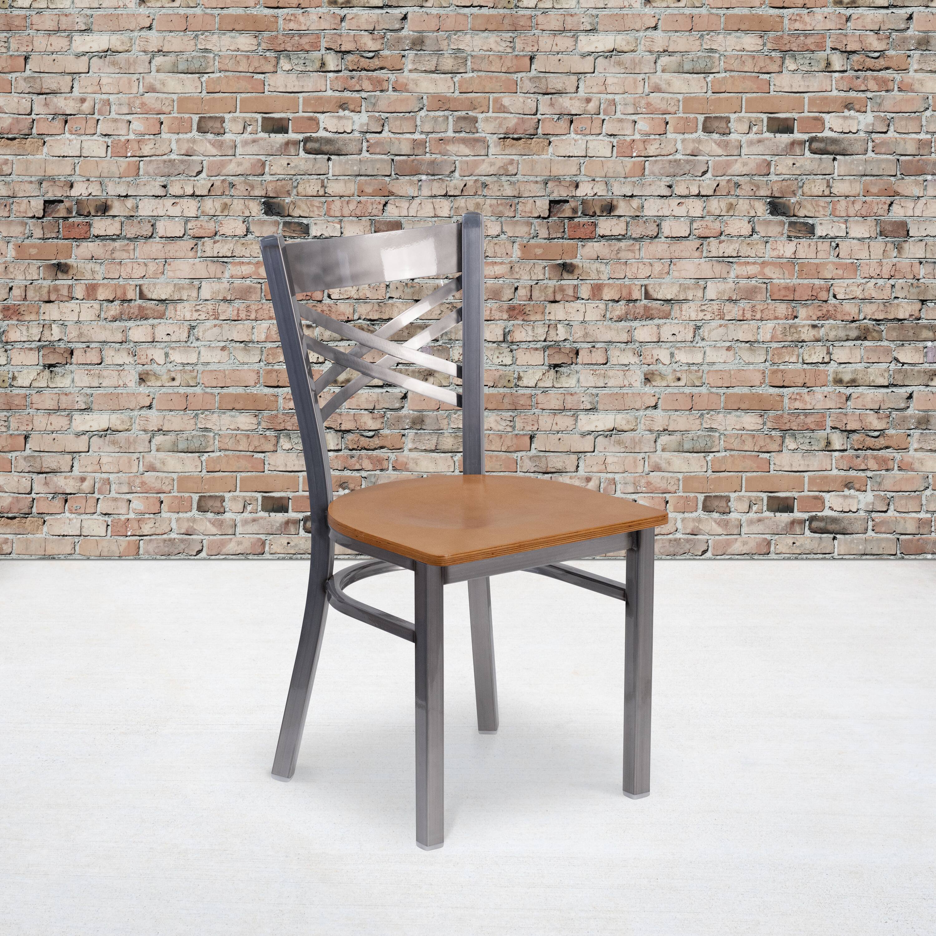 Alt View 2. Emma + Oliver - 2 Pack Clear Coated "X" Back Metal Restaurant Chair - Natural Wood Seat/Clear Coated Metal Frame.