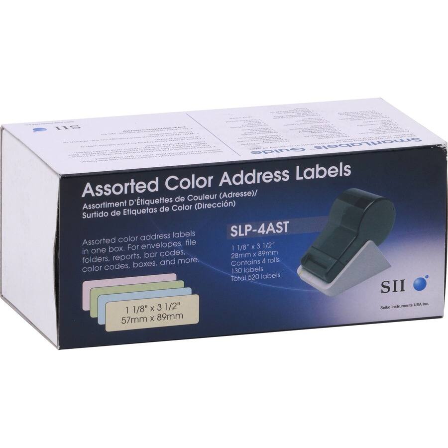 SI Gulde smarlabele Address Labels Assorted Color de Couleur (Adresse)/ Assortiment D'tiquettes (Direccin) de Color Surtido de Etiquetas address labels SLP-4AST Assorted color file one box. For envelopes, 1 1/8 x 3 1/2" in codes, x 89mm reports, bar 28mm folders. and more. Contains 4 rolls codes, boxes. color 130 labels Total 520 labels SII UISA Inc. 3 1/2" Sedo Instruments 1 1/8" x 57mm x 89mm