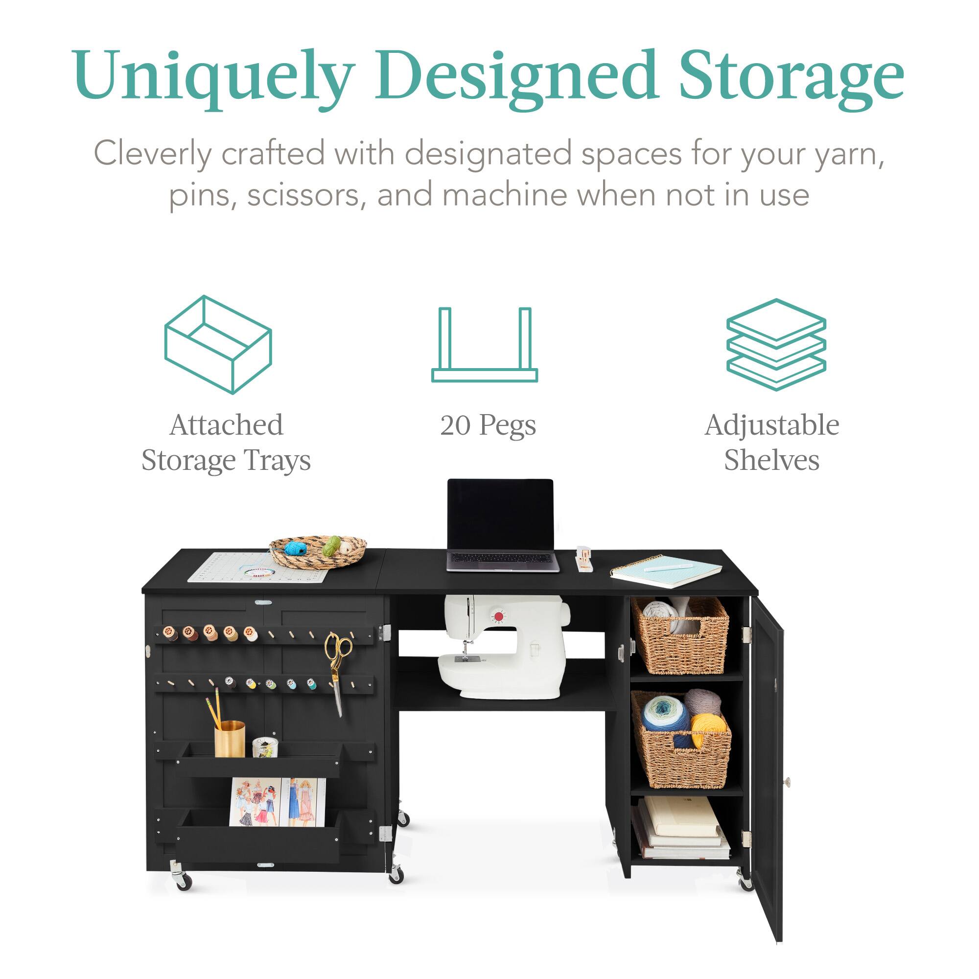 Uniquely Designed Storage

Cleverly crafted with designated spaces for your yarn, pins, scissors, and machine when not in use

- Attached Storage Trays
- 20 Pegs
- Adjustable Shelves