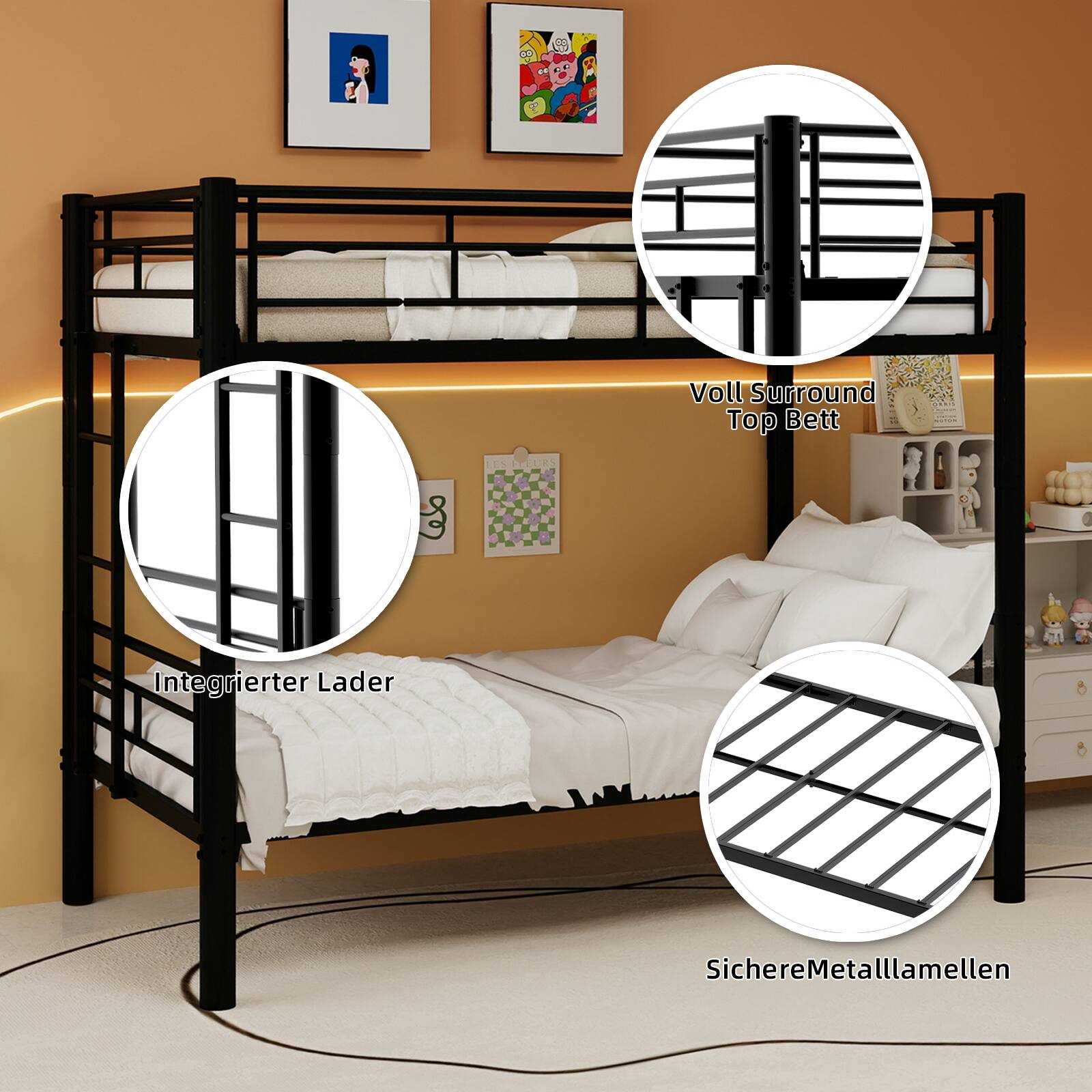 Voll Surround Top Bett  
Integrierter Lader  
Sichere Metalllamellen