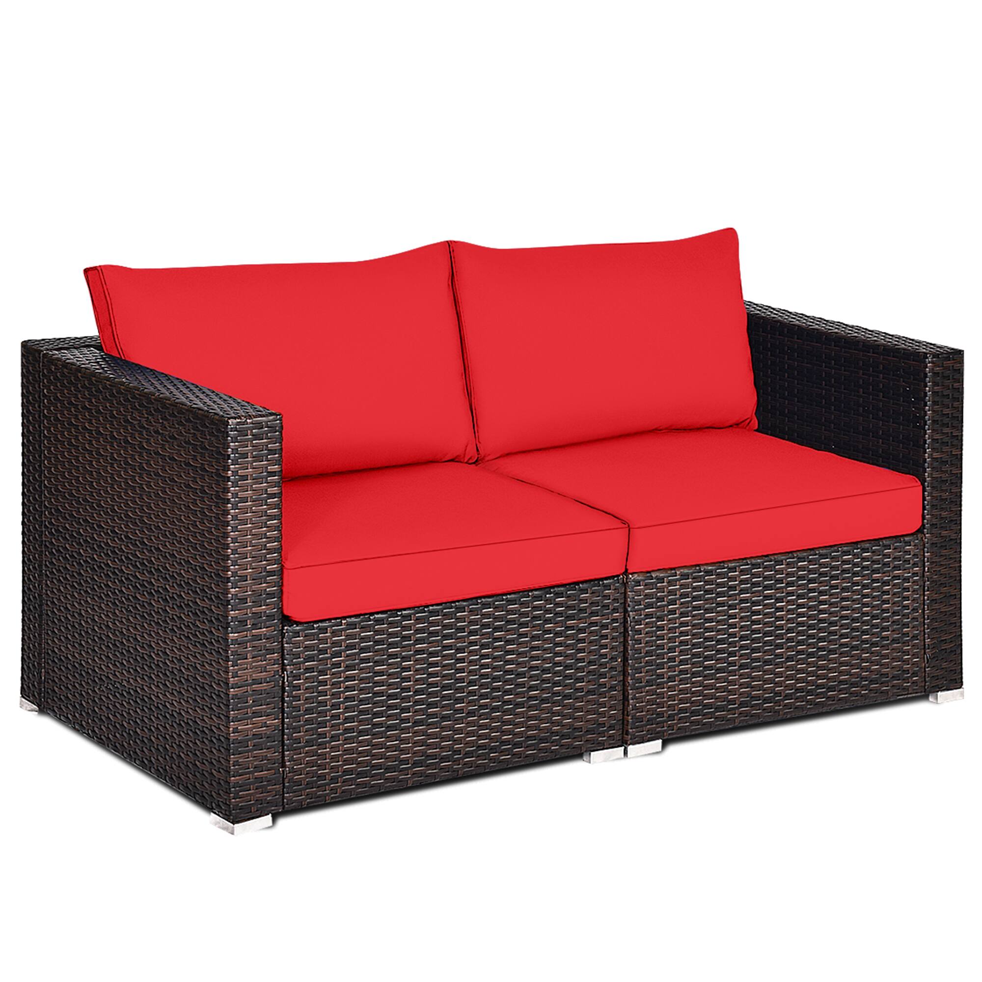 Alt View 1. Gymax - Gymax 2PCS Rattan Corner Sofa Set Patio Outdoor Furniture Set w/ 4 Red Cushions - Mix brown.