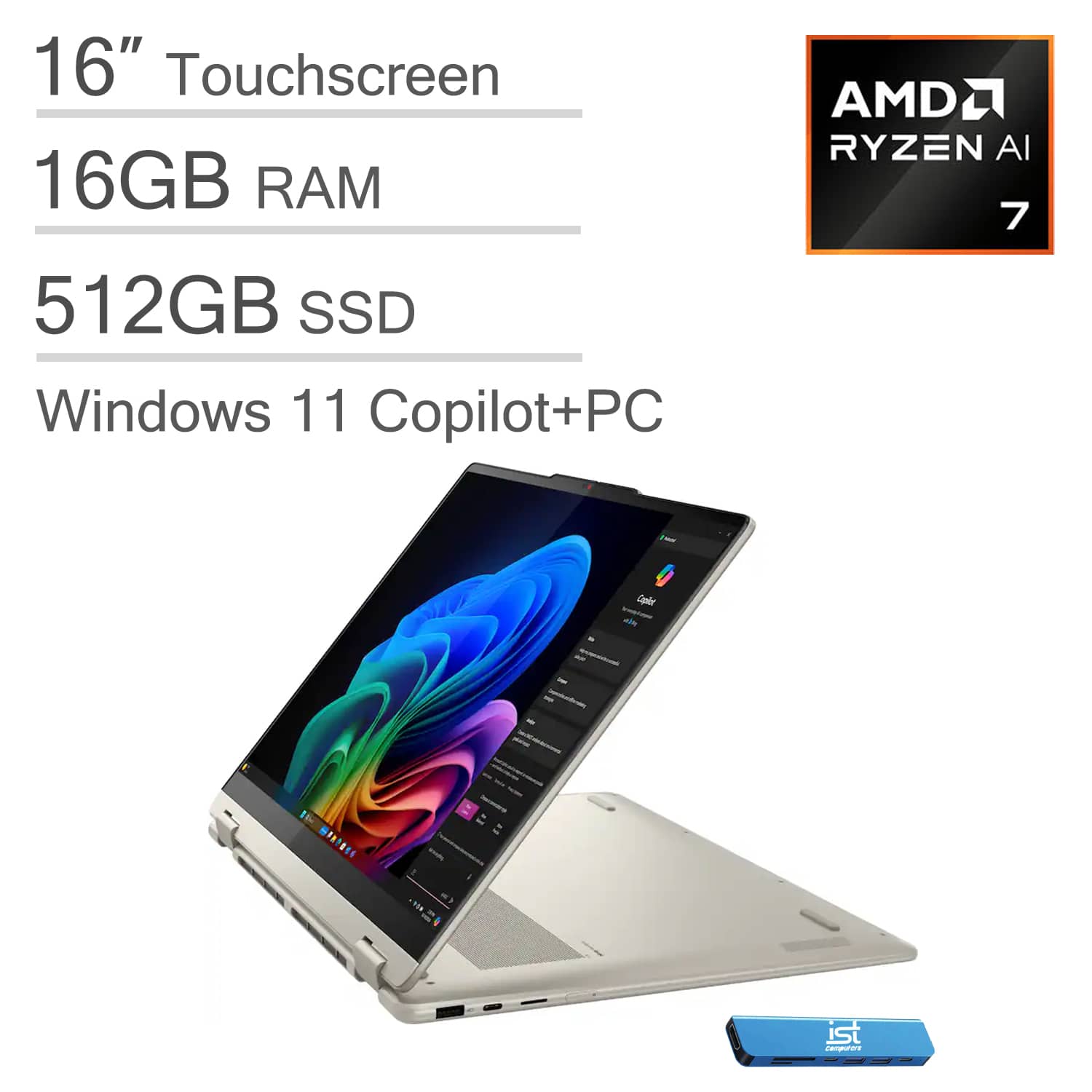 Lenovo - Yoga 7 2-in-1 Laptop - Copilot+ PC - 16" Full HD LCD Touchscreen - AMD Ryzen AI 7 350 2025 - 16GB Memory - 512GB SSD - no pen - Seashell