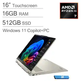 Lenovo - Yoga 7 2-in-1 Laptop - Copilot+ PC - 16" Full HD LCD Touchscreen - AMD Ryzen AI 7 350 2025 - 16GB Memory - 512GB SSD - no pen - Seashell