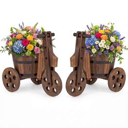 Costway - 2 PCS Rustic Wood Tricycle Planter with Barrel Pot & Drainage for Patio Garden - Coffee