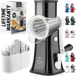 Zulay Kitchen - Rotary Cheese Grater 5 Blade Cheese Shredder with Reinforced Suction & 5 Interchangeable Drums - White and Black