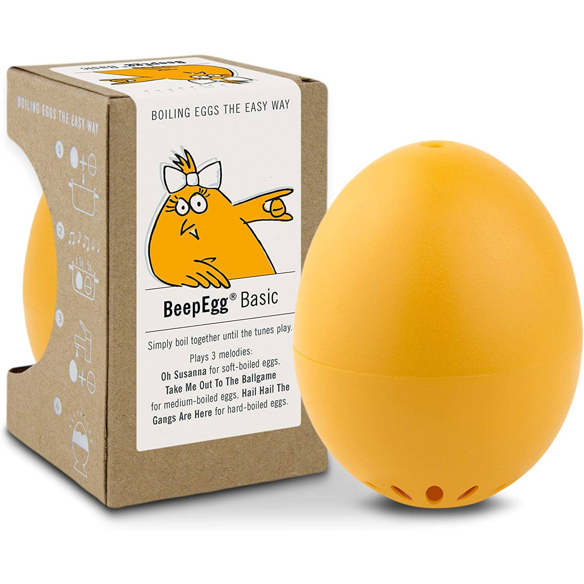 BOILING EGGS THE EASY WAY

BeepEgg® Basic

Simply boil together until the tunes play. Plays 3 melodies:
- Oh Susanna for soft-boiled eggs
- Take Me Out To The Ballgame for medium-boiled eggs
- Hail Hail The Gangs Are Here for hard-boiled eggs