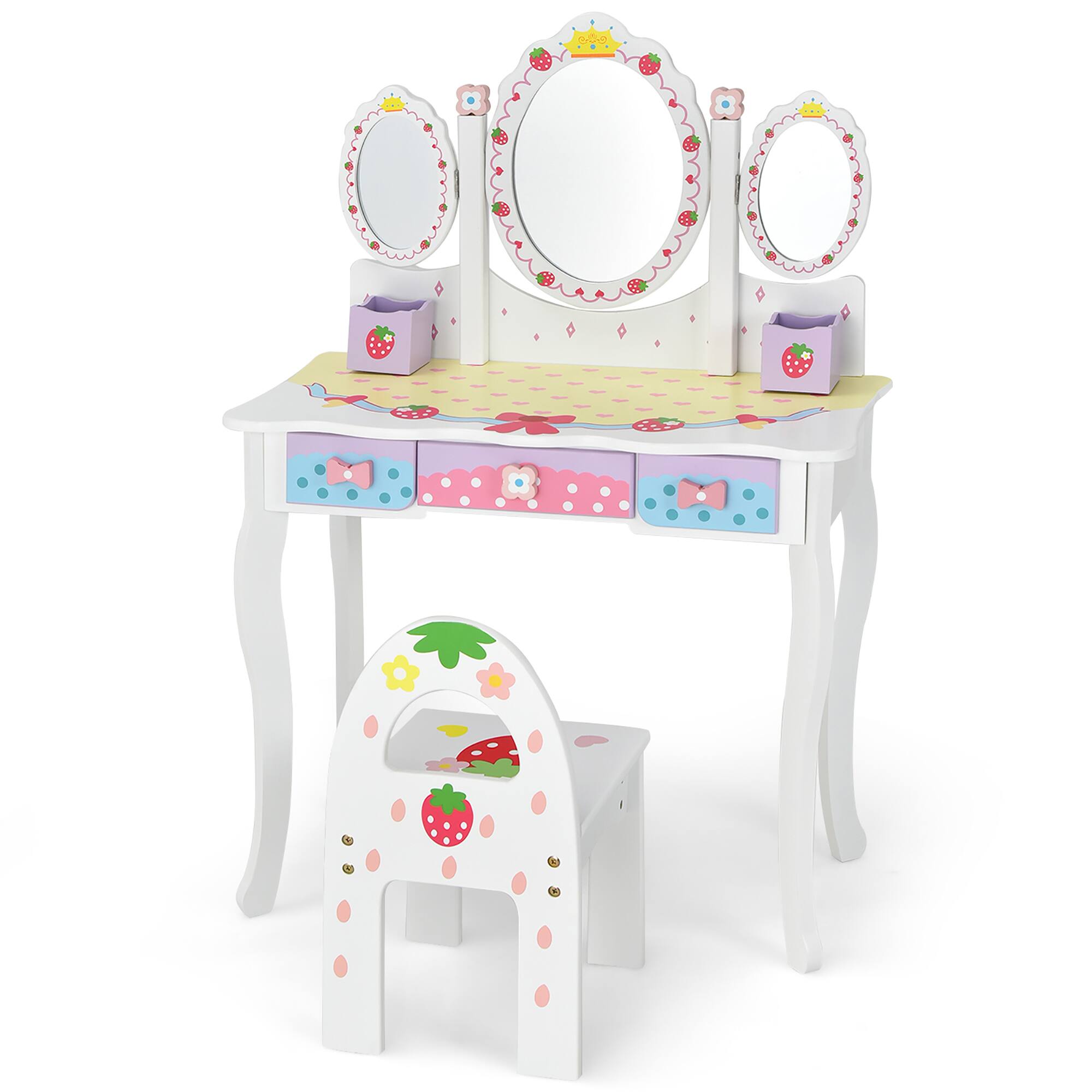 Costway - Kids Vanity Princess Makeup Dressing Table Chair Set w/ Tri-fold Mirror - White