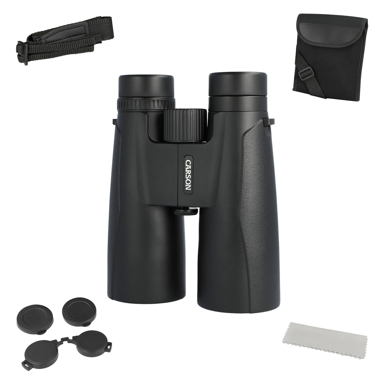 Front. Carson - Makalu 12x50 Full-Size Roof-Prism Binoculars with Strap, Pouch, Caps, Cleaning Cloth - Black.