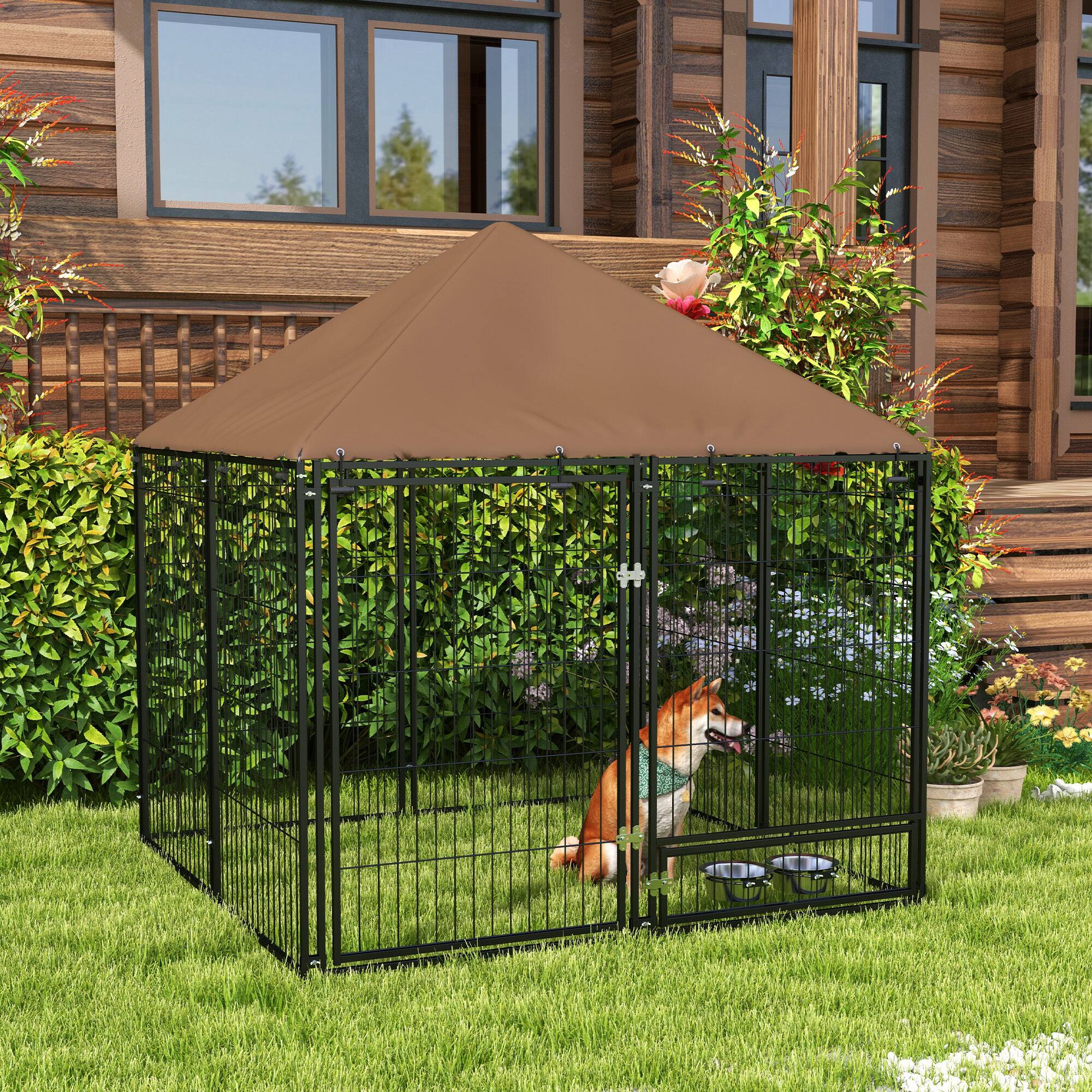 Angle. Pawhut - Outside Dog Kennel, 4.6' x 4.6' x 5' Puppy Play Pen with Canopy, Garden Playpen Fence Crate Enclosure Cage Rotating Bowl.