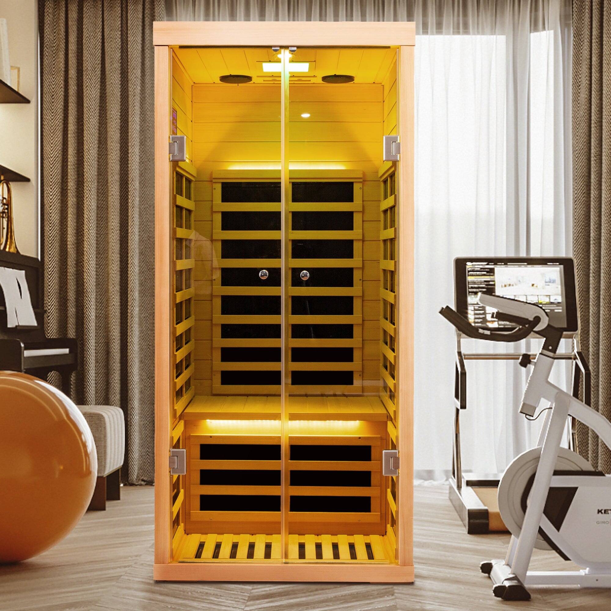 Alt View 4. Boyel Living - Low EMF One-Person Wide Space Hemlock Double Doors Luxury Glass Far Infrared Sauna with APP Control and Bluetooth Audio - Natural Wood.