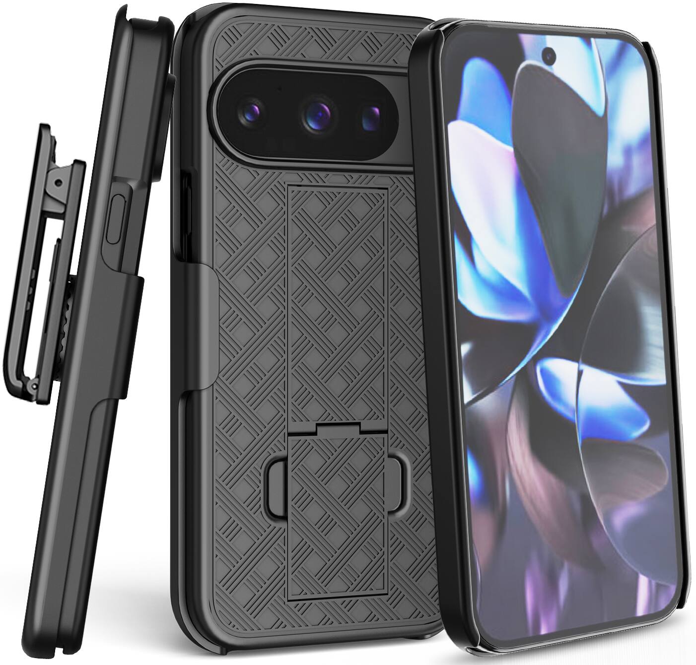 Front. Nakedcellphone - Combo for Pixel 10 / Pixel 10 Pro Phone - Slim Case with Stand and Belt Clip Holster - Black.