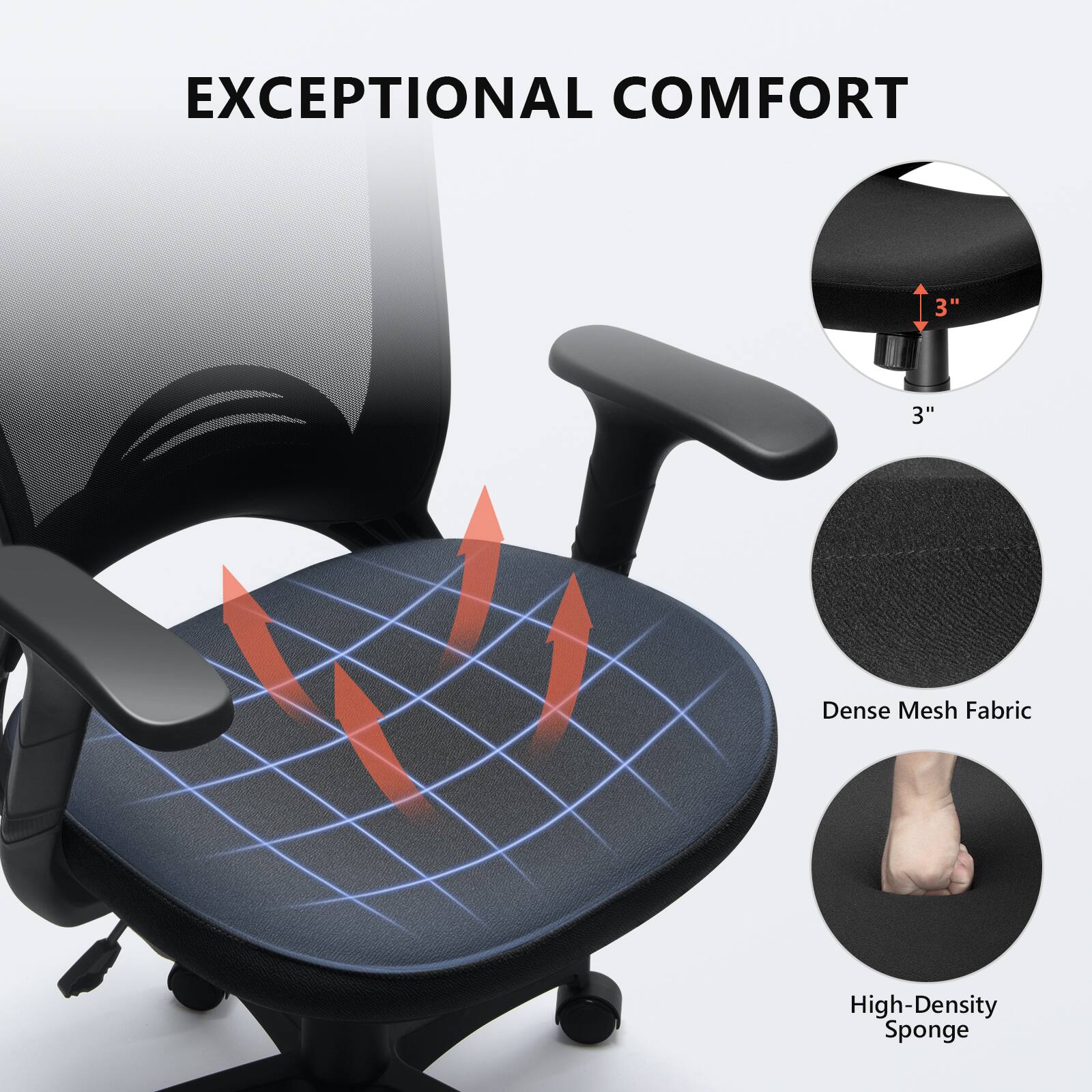 EXCEPTIONAL COMFORT

3" Dense Mesh Fabric  
3" High-Density Sponge