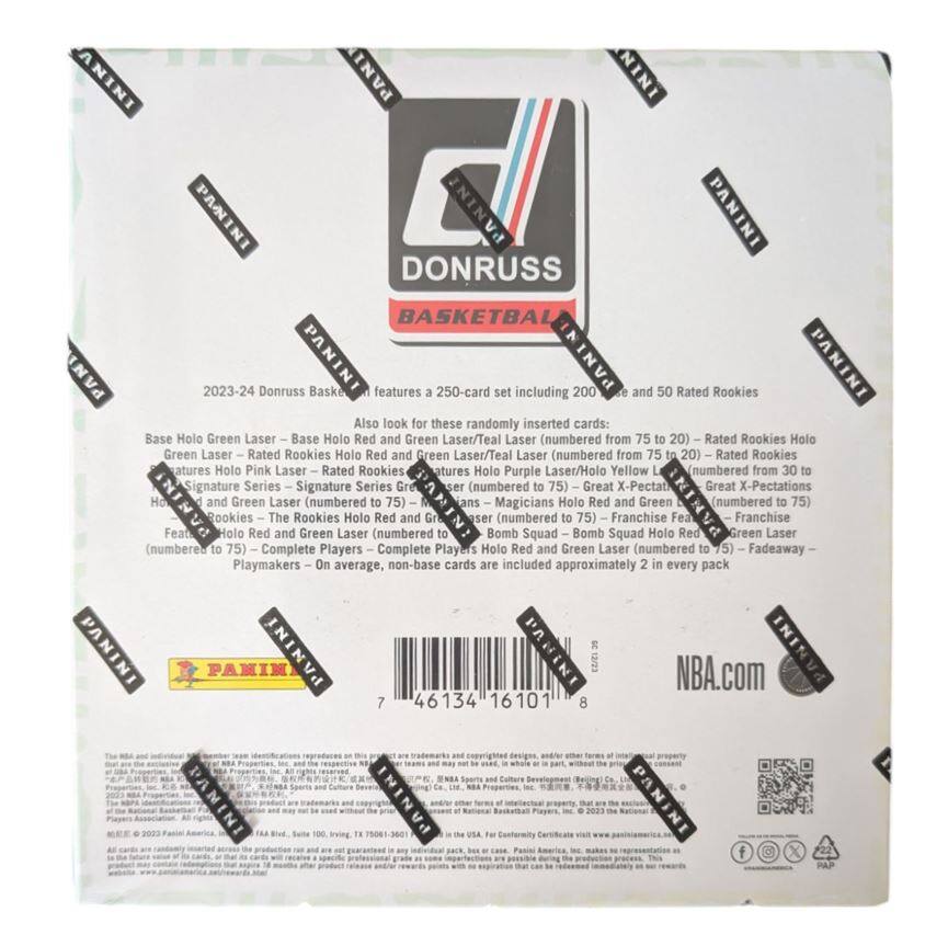 **PANINI**

**DONRUSS**

**BASKETBALL**

**2023-24 Donruss Basketball**  
features a 250-card set including 200 Base Cards and 50 Rated Rookies

Also look for these randomly inserted cards:

- Base Holo Green Laser
- Base Holo Red and Green Laser/Teal Laser (numbered from 75 to 20)
- Rated Rookies Holo Green Laser
- Rated Rookies Holo Red and Green Laser/Teal Laser (numbered from 75 to 20)
- Rated Rookies Holo Pink Laser
- Rated Rookies Holo Purple Laser/Holo Yellow (numbered from 30 to 75)
- Signature Series
- Signature Series Green Laser (numbered to 75)
- Signature Series Holo Red and Green Laser (numbered to 75)
- The Rookies Holo Red and Green Laser (numbered to 75)
- Franchise Features Holo Red and Green Laser (numbered to 75)
- Bomb Squad Holo Red and Green Laser (numbered to 75)
- Complete Players Holo Red and Green Laser (