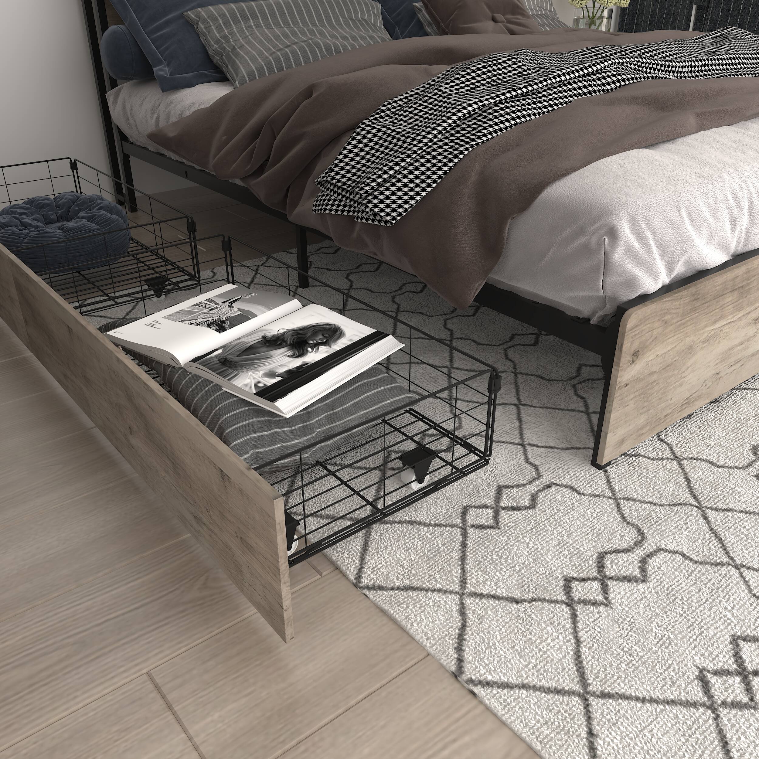 Alt View 1. LUCKY ONE - Full Size Bed Frame with Storage Headboard and Charging Station - Gray Wash.
