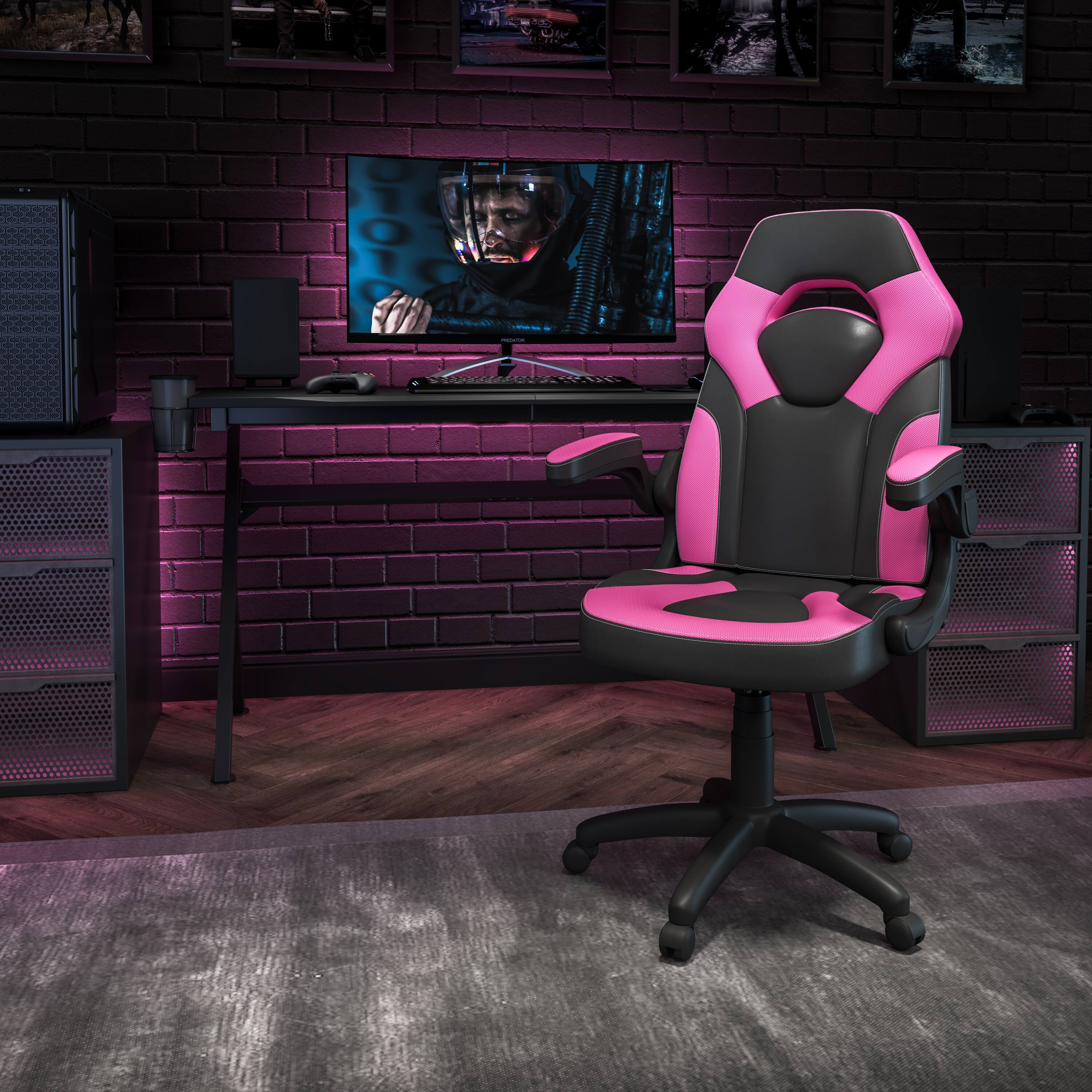 Angle. Flash Furniture - X10 Gaming Chair, Racing Style Ergonomic Office Chair, Height Adjustable Swivel Computer Chair with Flip-Up Arms, Pink/B - Pink.