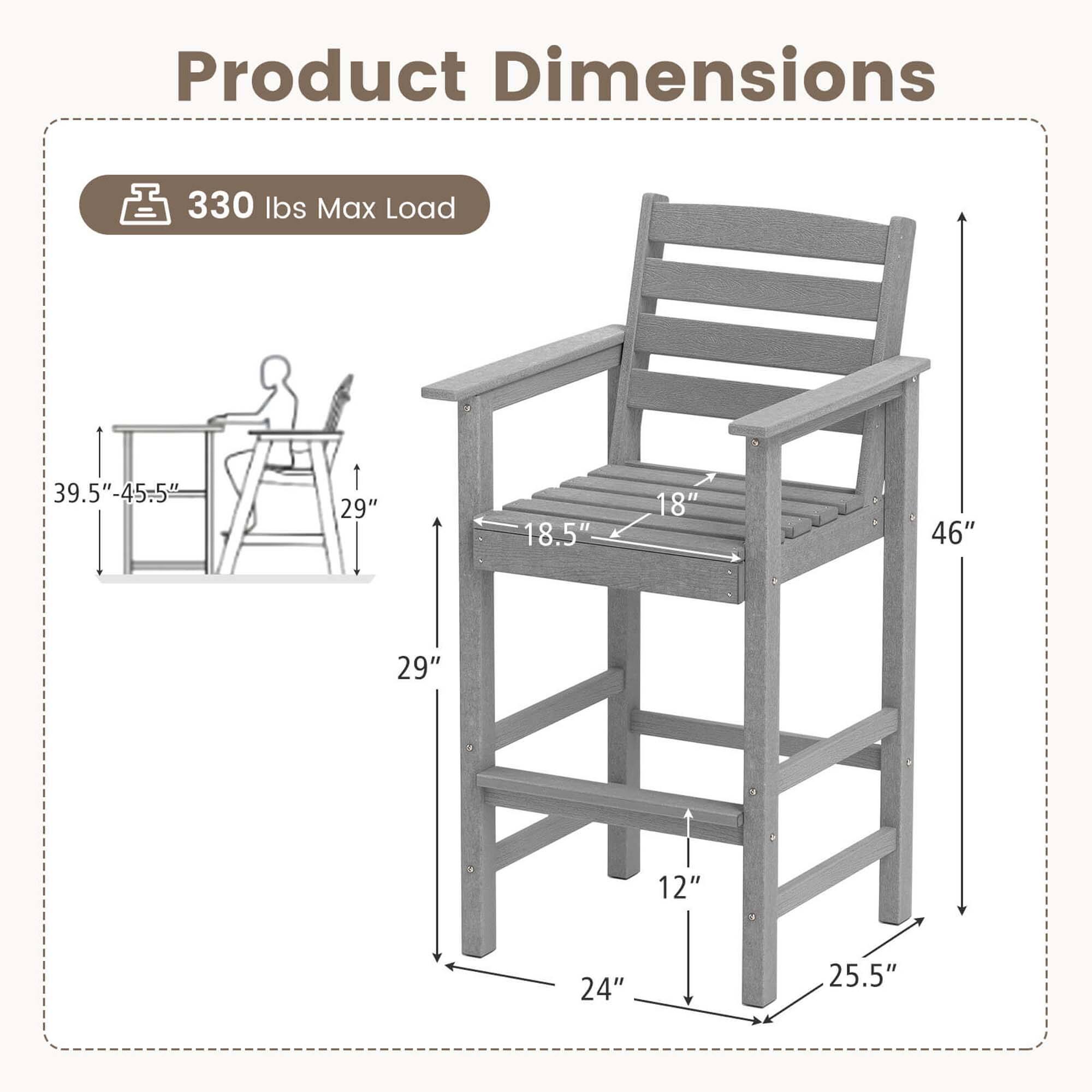 Product Dimensions: 330 lbs Max Load, 39.5"-45"-45.5" 1 29" 18.5" 18" 46" 29" 12" 24" 25.5"