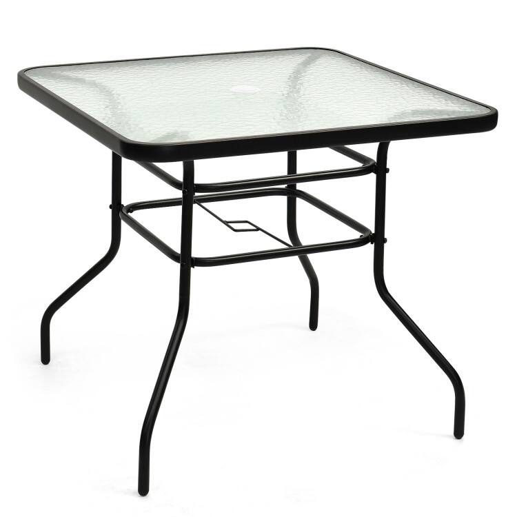 Alt View 4. Mondawe - 32in Freestanding Tempered Glass Square Patio Table, Steel Frame Outdoor Side Table w/ Umbrella Hole - Black.