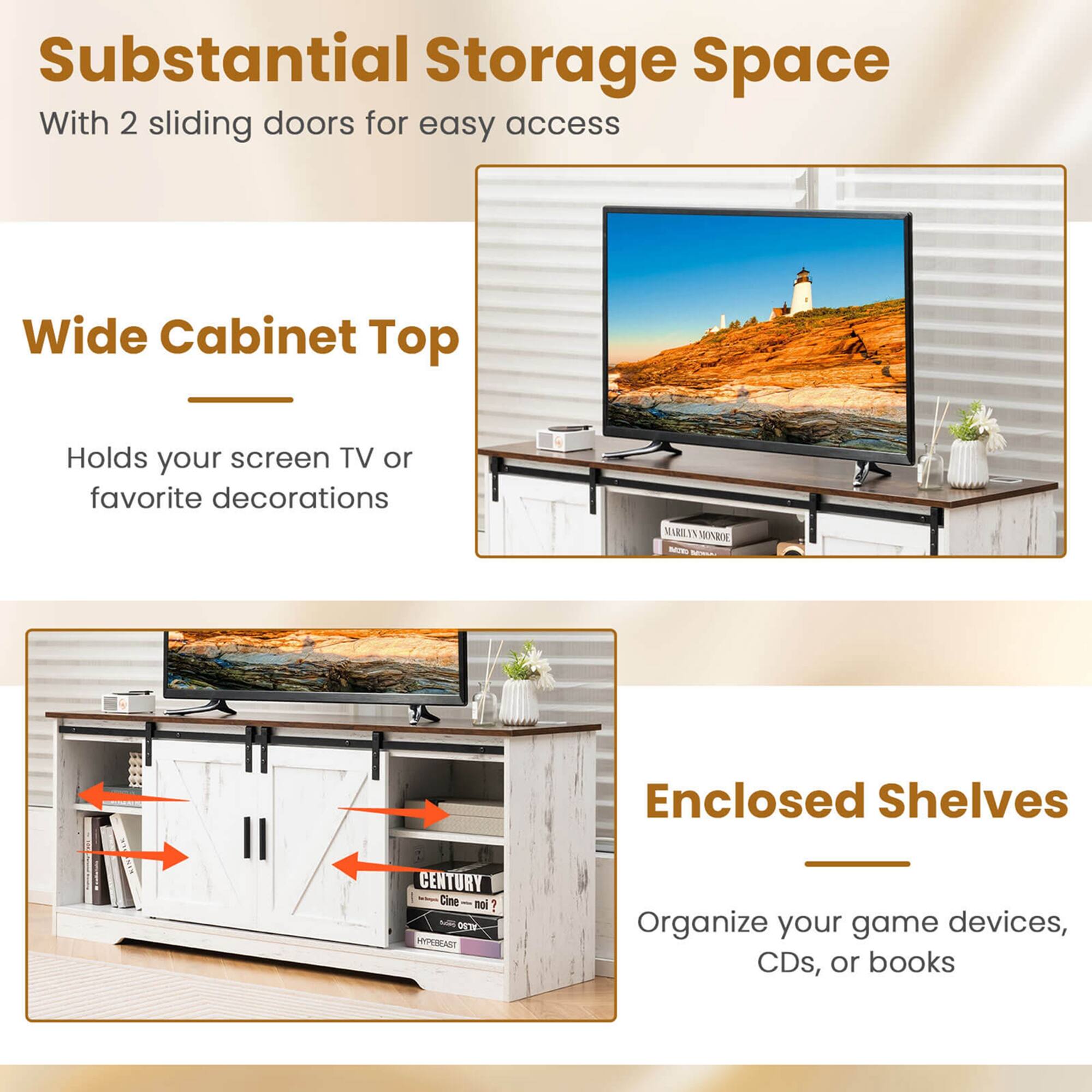 Substantial Storage Space: With 2 sliding doors for easy access.
Wide Cabinet Top: Holds your screen TV or favorite decorations.
Enclosed Shelves: Organize your game devices, CDs, or books.