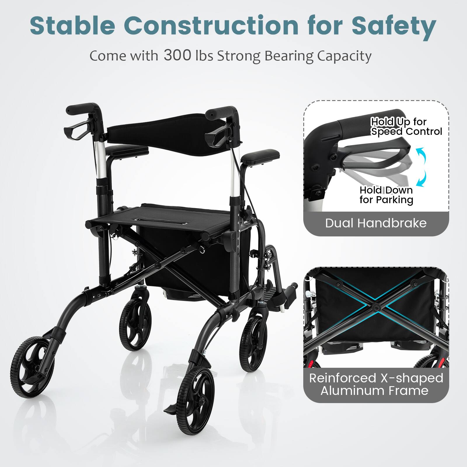 Stable Construction for Safety
Come with 300 lbs Strong Bearing Capacity
Dual Handbrake
Reinforced X-shaped Aluminum Frame
Hold Up for Speed Control
Hold Down for Parking