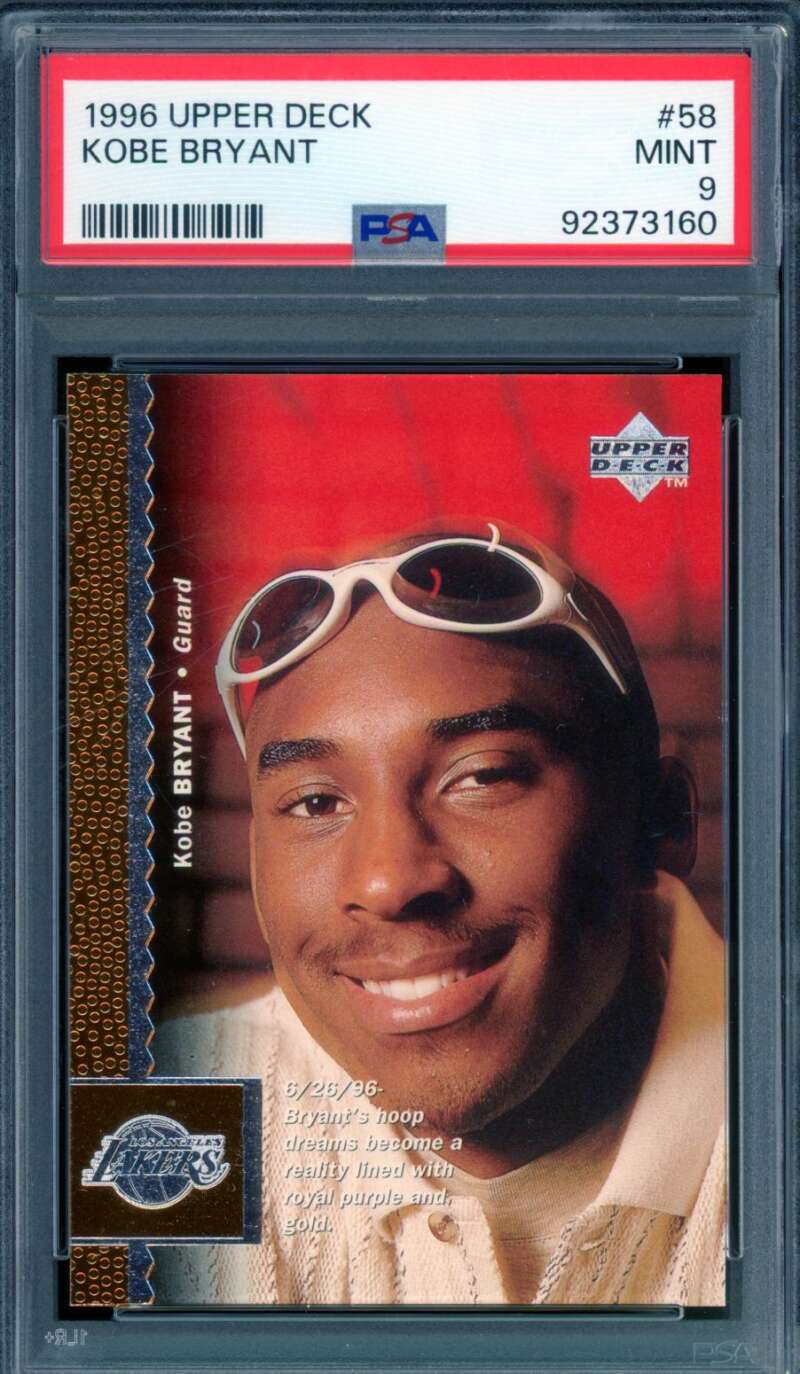 1996 UPPER DECK KOBE BRYANT FSA #58 MINT 9 92373160 UPPER D-E.C-K TM Guard BRYANT Kobe 5/25/96- Bryant's hoop dreams become a reality joined with royal purple and, gold.