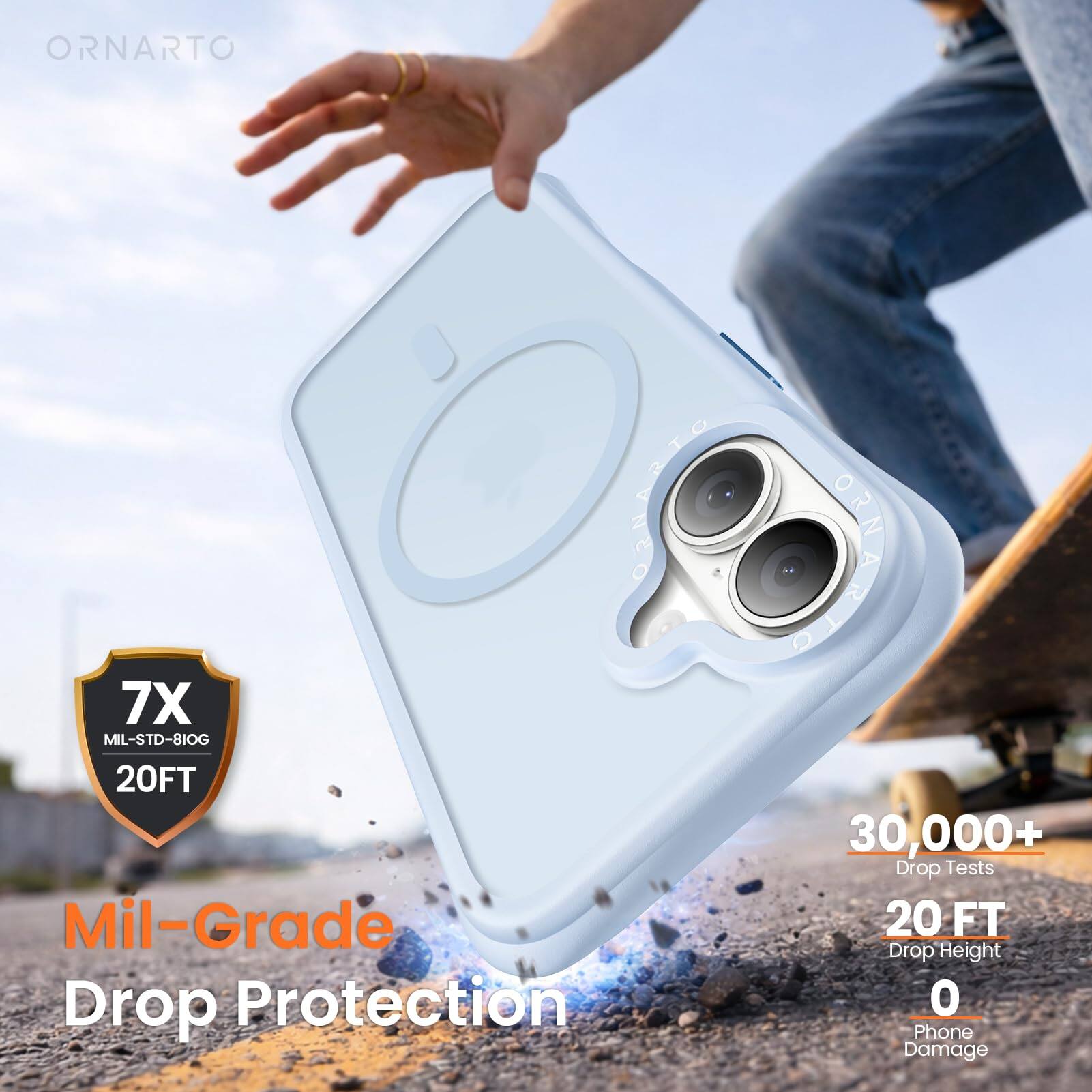 ORNARTO  
7X MIL-STD-810G 20FT  
Mil-Grade Drop Protection  
30,000+ Drop Tests  
20 FT Drop Height  
0 Phone Damage