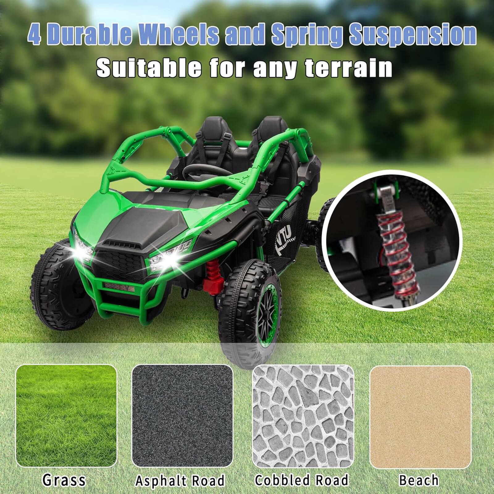 4 Durable Wheels and Spring Suspension  
Suitable for any terrain  

Grass  
Asphalt Road  
Cobbled Road  
Beach