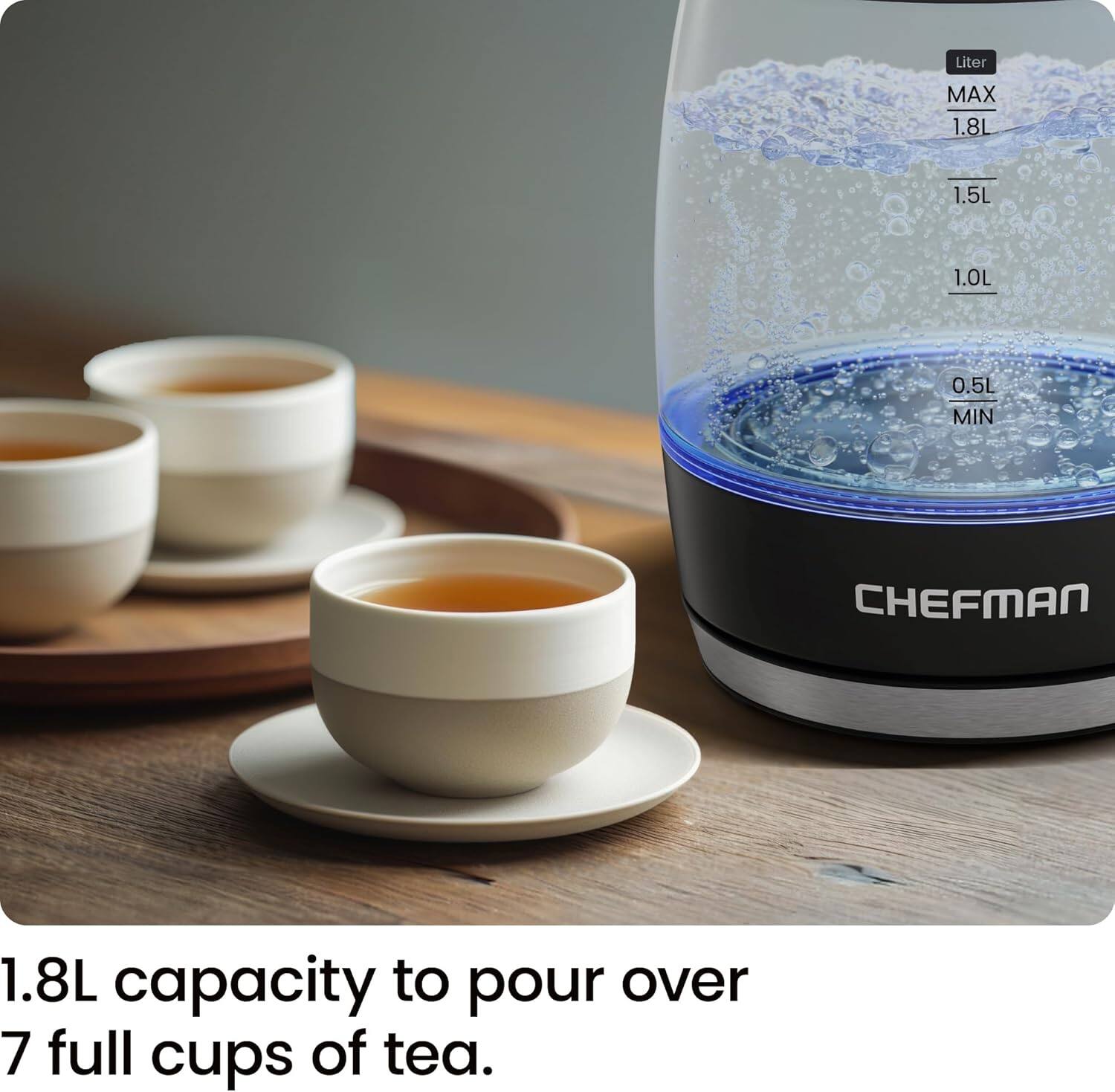 1.8L capacity to pour over 7 full cups of tea.
